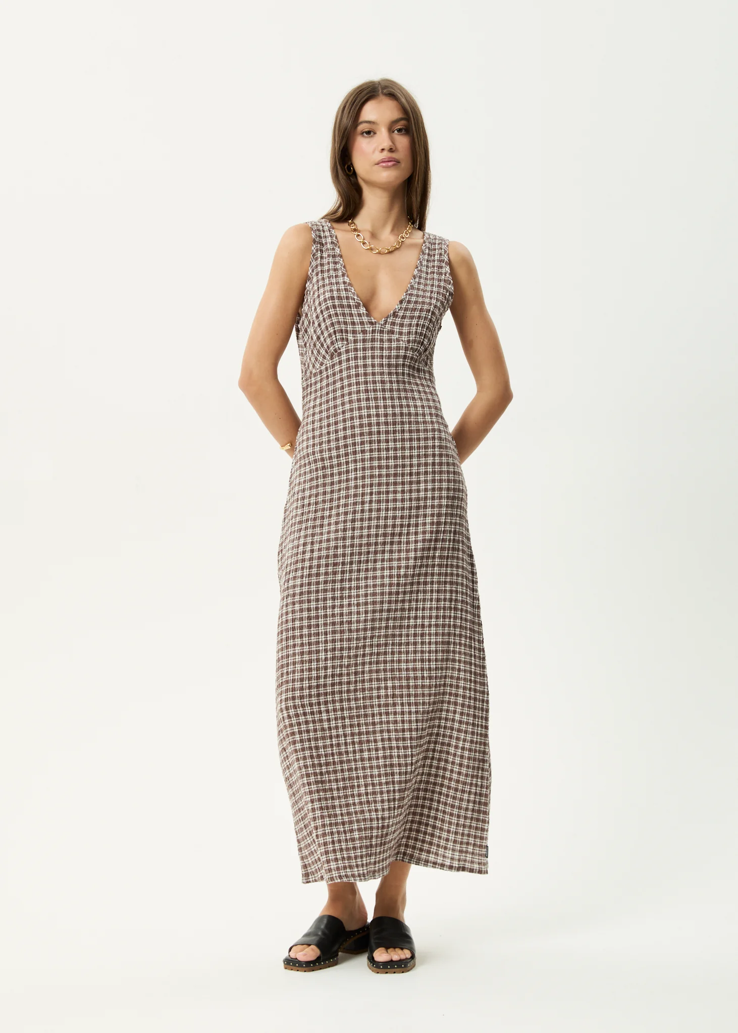 AFENDS Womens Tully - Seersucker Maxi Dress - Base Coffee Check
