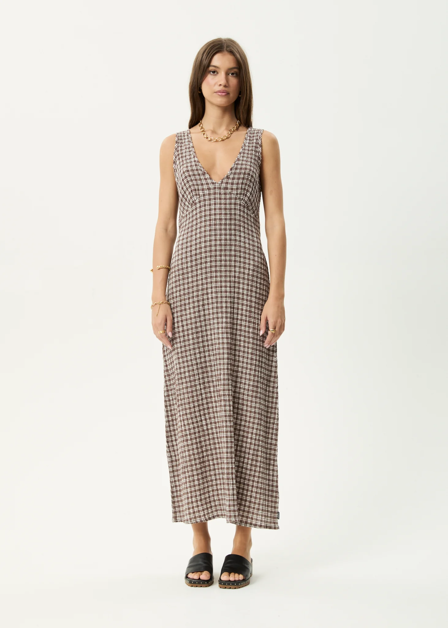 AFENDS Womens Tully - Seersucker Maxi Dress - Base Coffee Check - Image 12