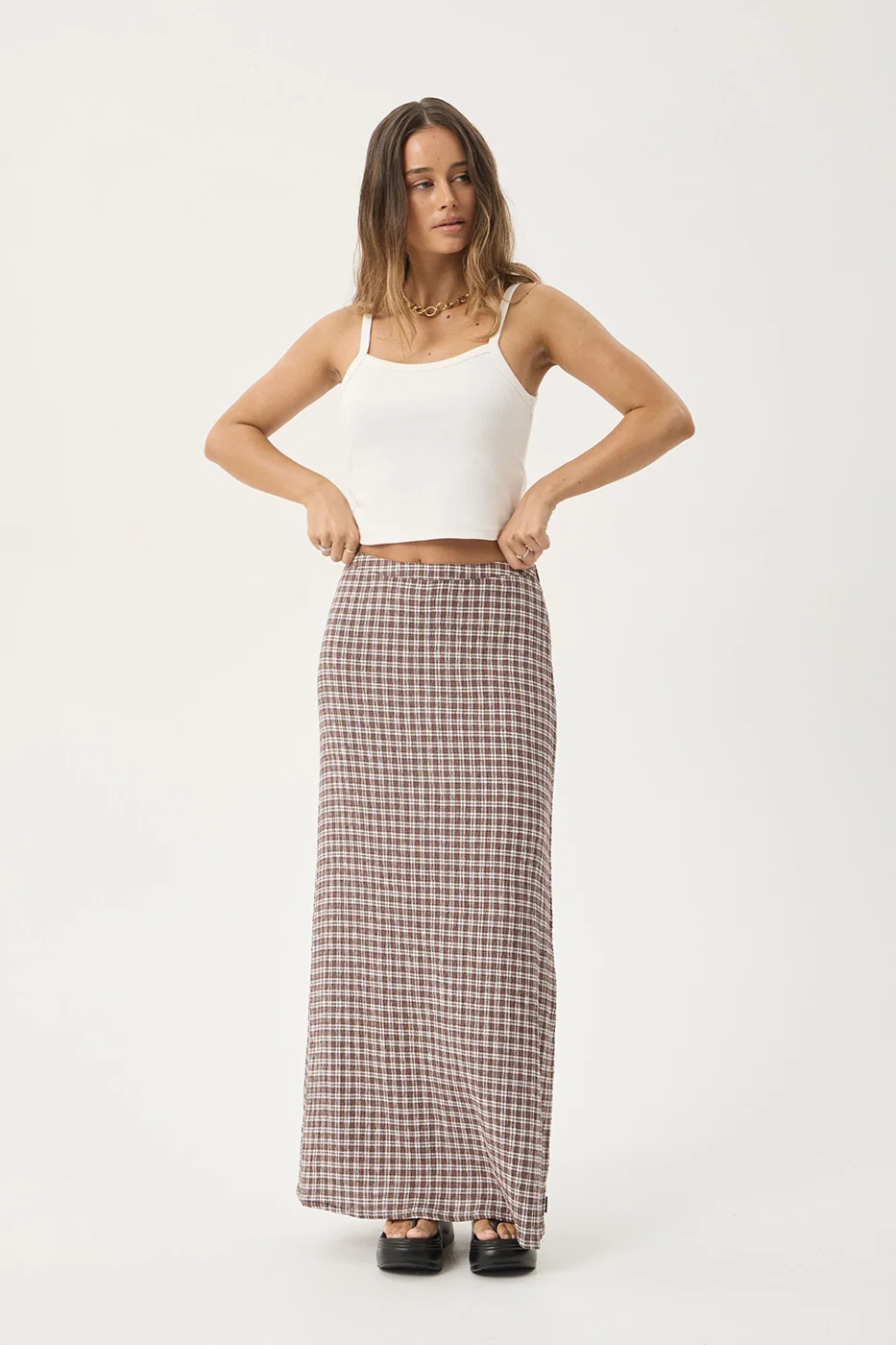 AFENDS Womens Lita - Seersucker Maxi Skirt - Base Coffee Check - Image 12