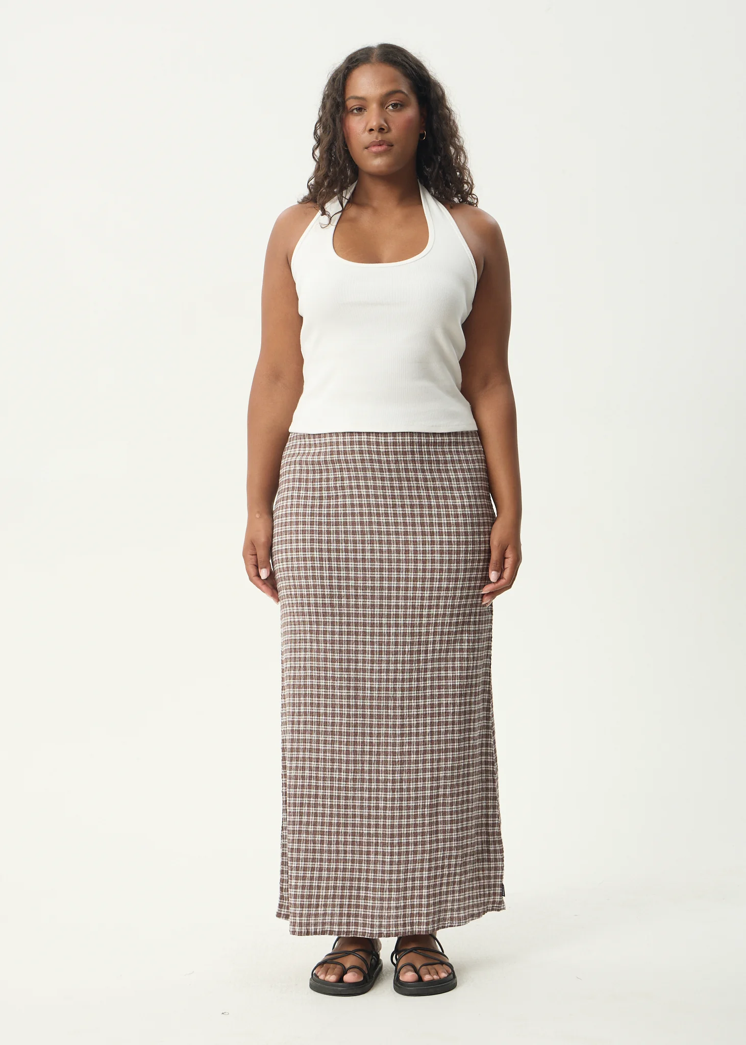 AFENDS Womens Lita - Seersucker Maxi Skirt - Base Coffee Check - Image 3