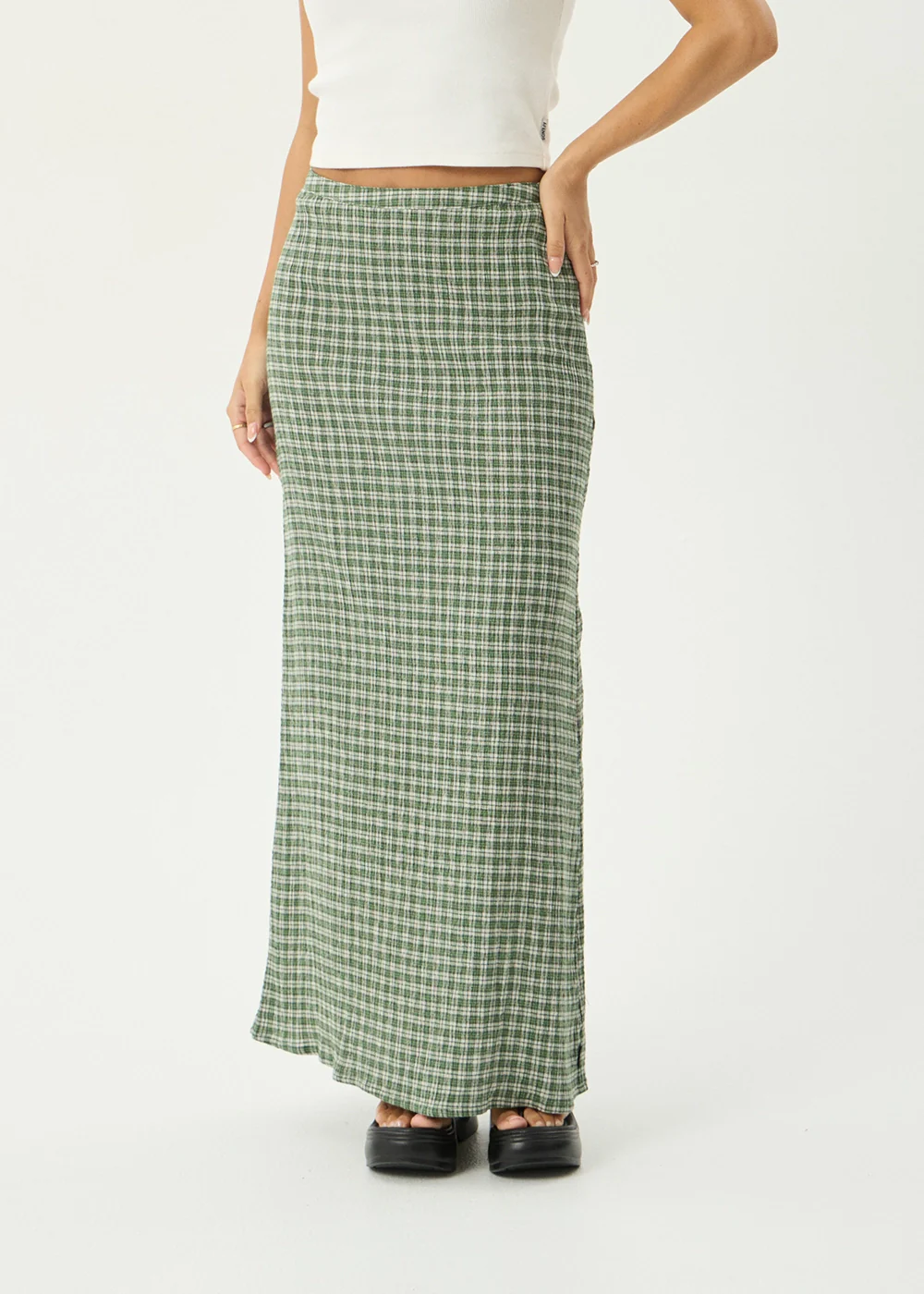 AFENDS Womens Lita - Seersucker Maxi Skirt - Base Deep Green Check - Image 4