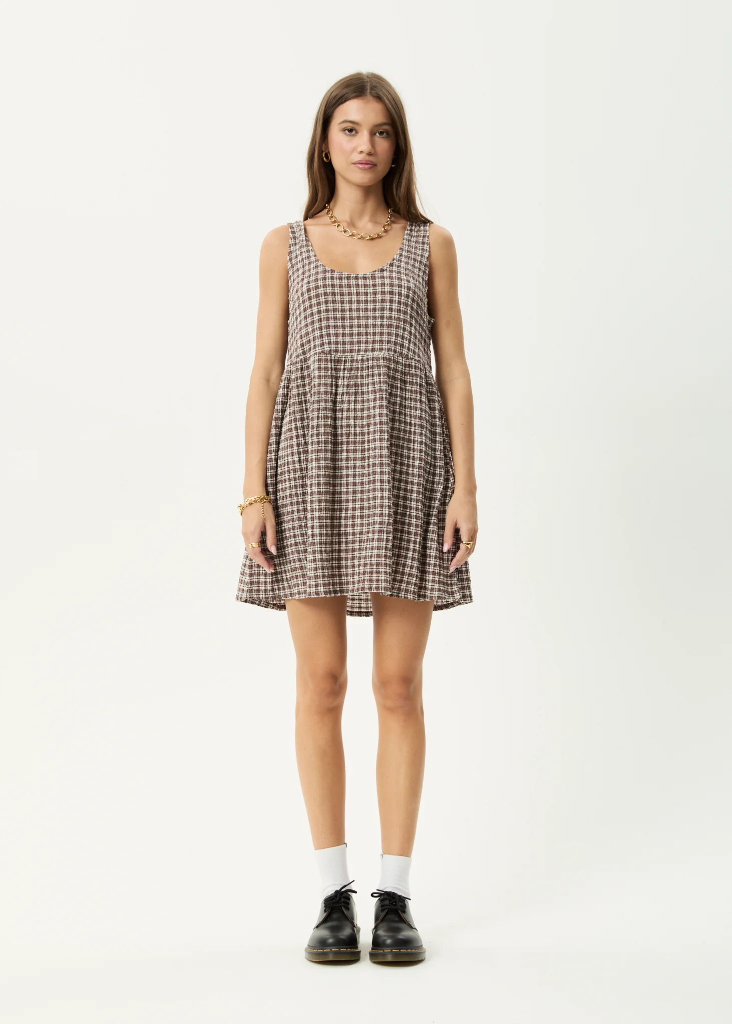 AFENDS Womens Jesse - Seersucker Mini Dress - Coffee Check - Image 3