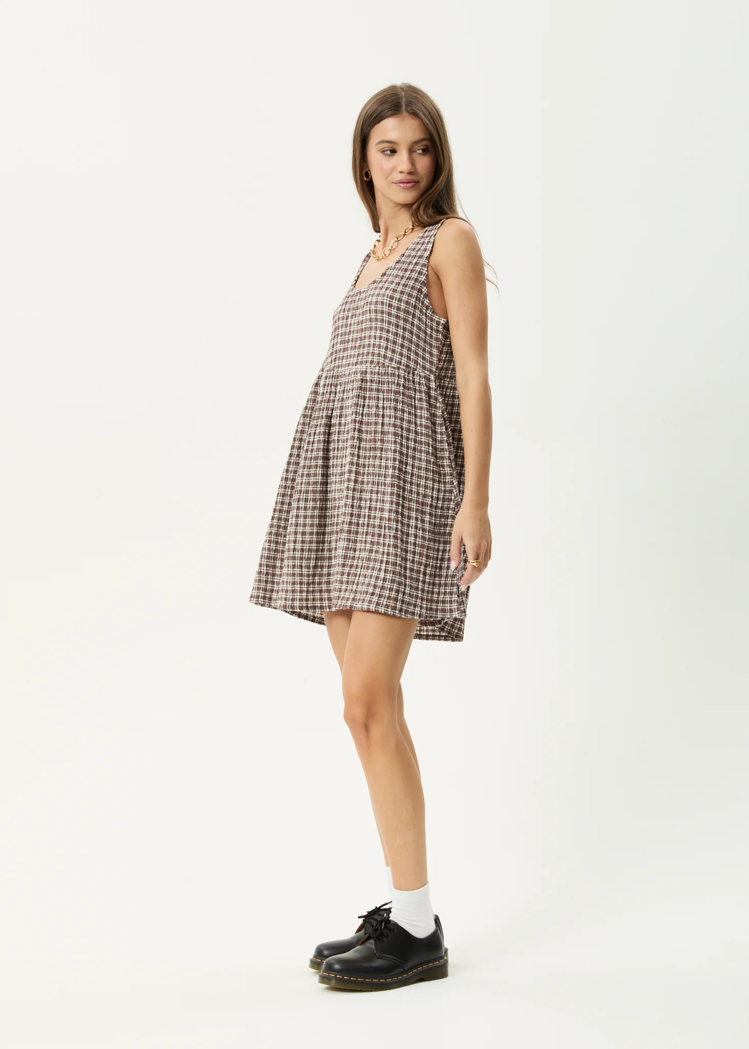 AFENDS Womens Jesse - Seersucker Mini Dress - Coffee Check - Image 5