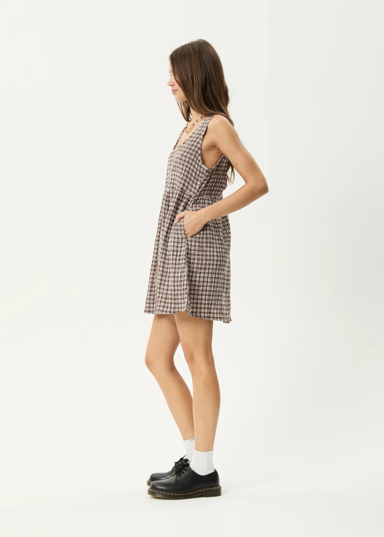 AFENDS Womens Jesse - Seersucker Mini Dress - Coffee Check - Image 7