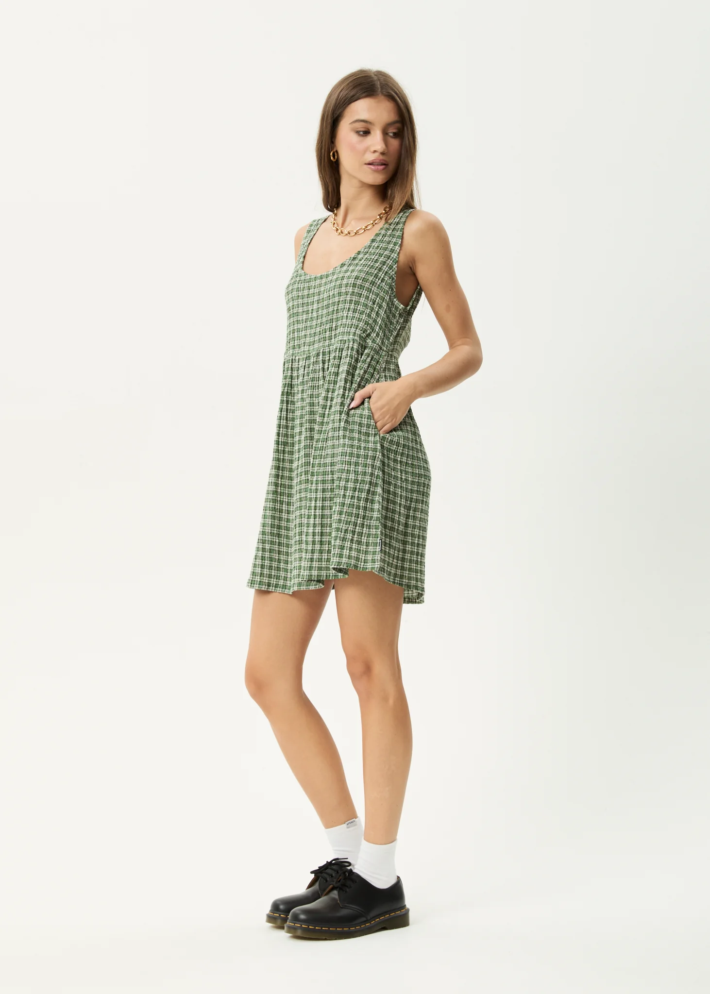 AFENDS Womens Jesse - Seersucker Mini Dress - Deep Green Check - Image 3