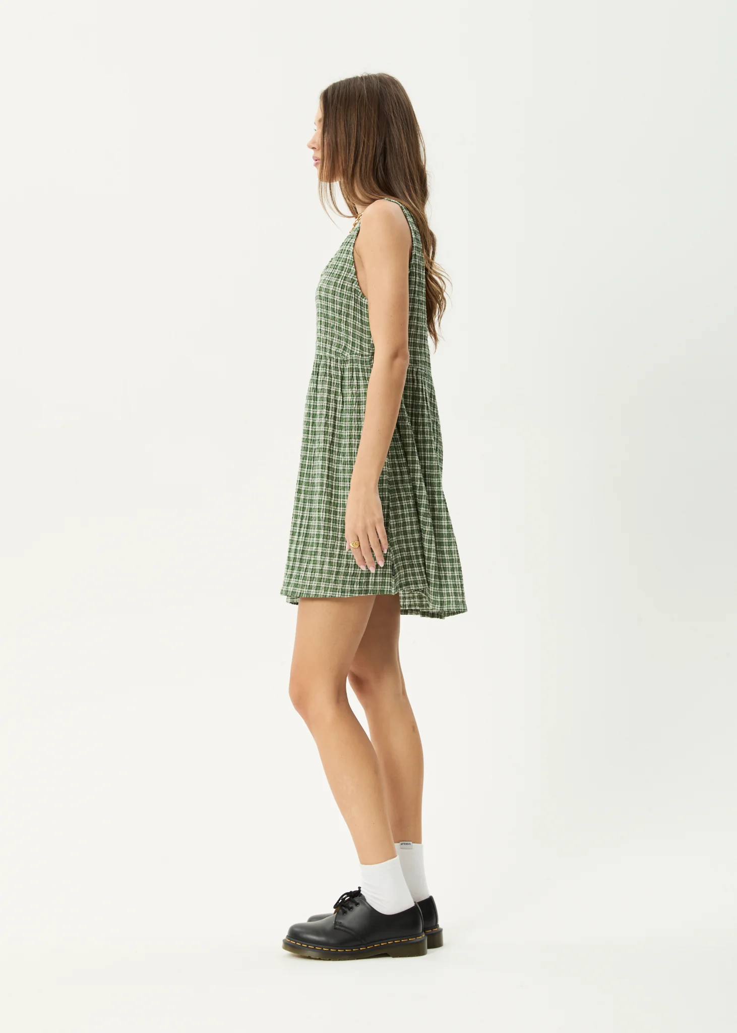 AFENDS Womens Jesse - Seersucker Mini Dress - Deep Green Check - Image 5