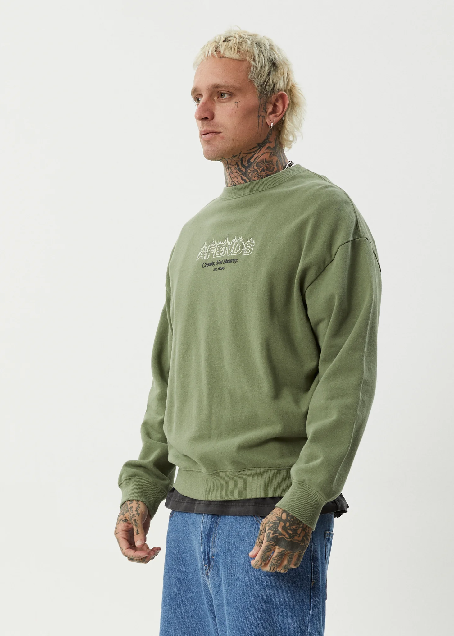 AFENDS Mens Ember - Crew Neck Jumper - Oil Green - Image 3