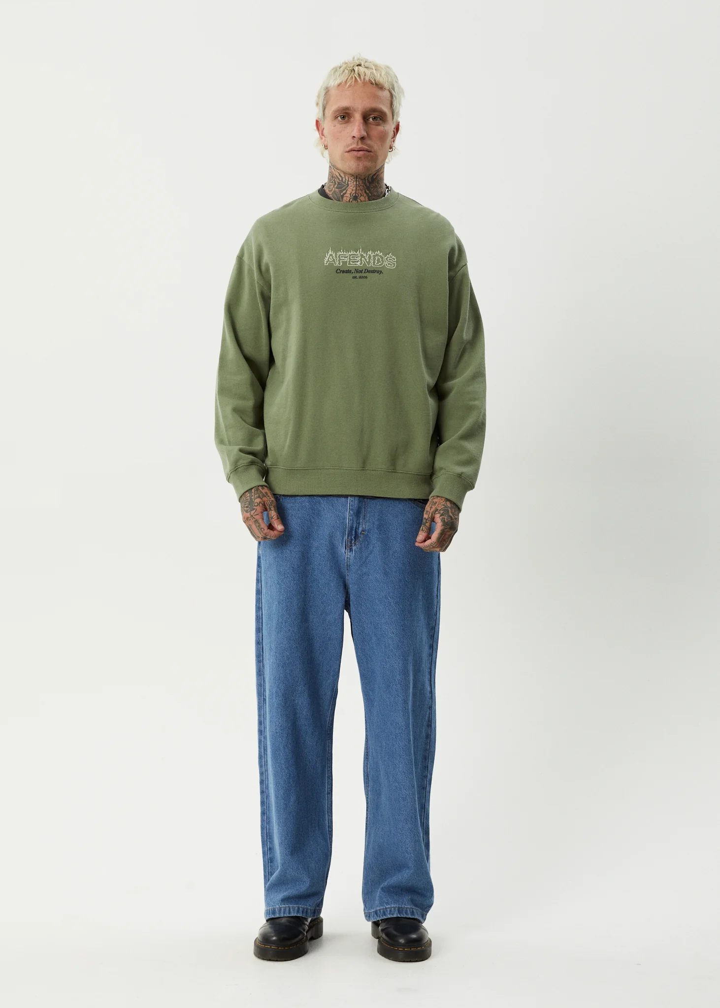 AFENDS Mens Ember - Crew Neck Jumper - Oil Green - Image 7