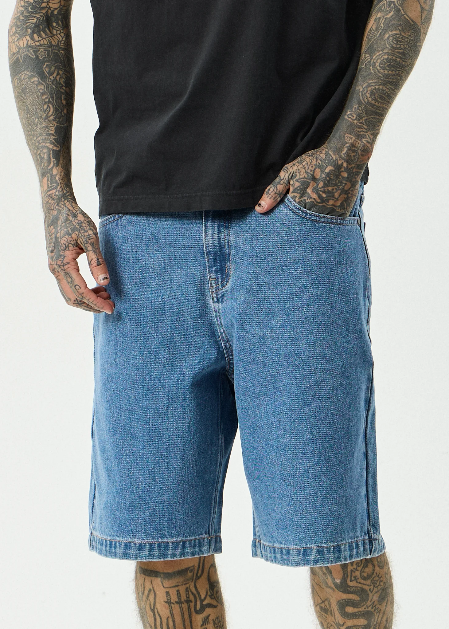 AFENDS Mens Lil C - Denim Baggy Short 22" - Worn Blue - Image 5