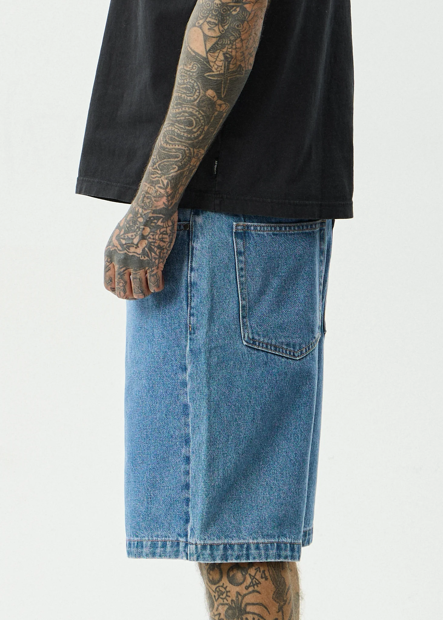 AFENDS Mens Lil C - Denim Baggy Short 22" - Worn Blue - Image 9