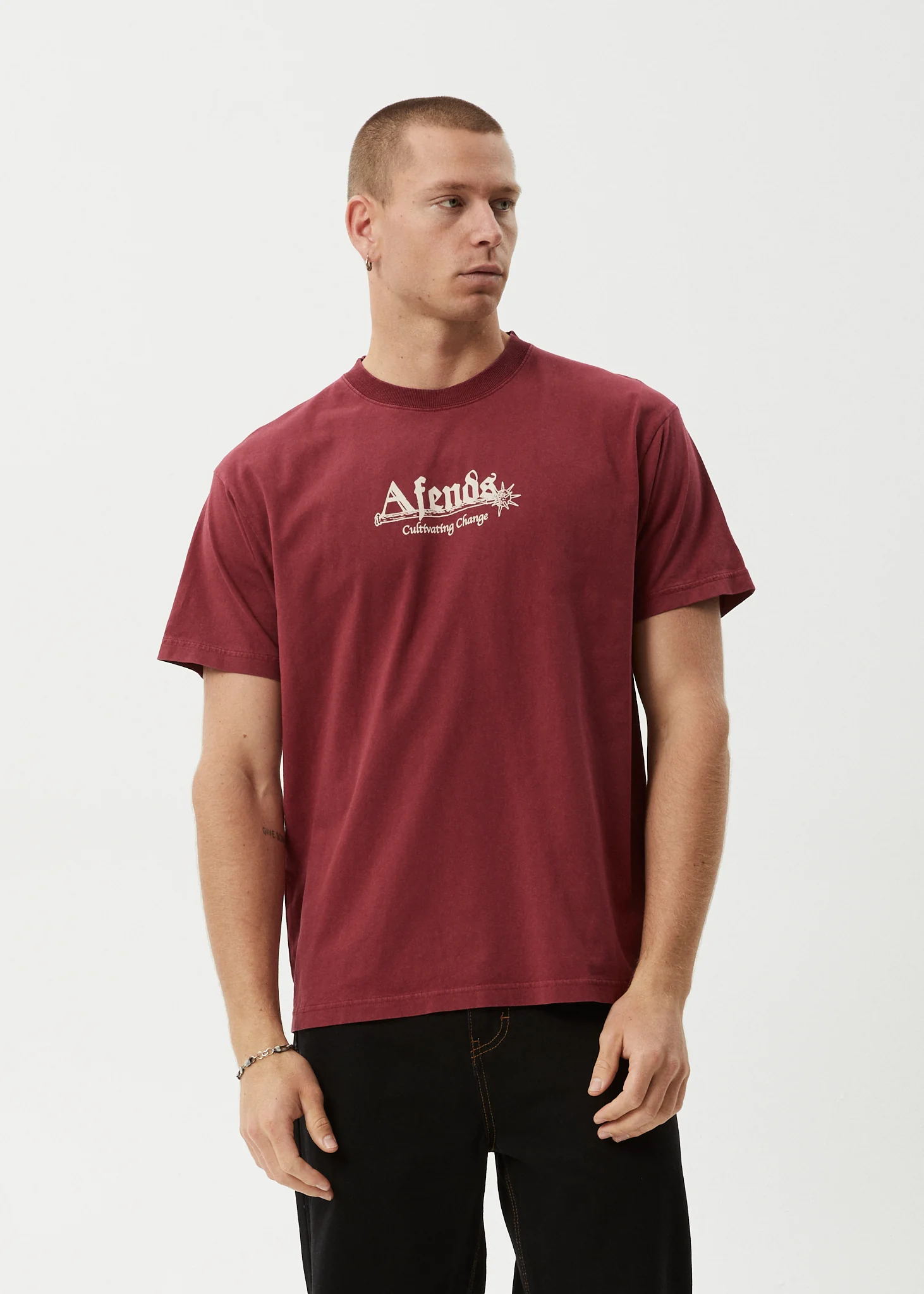 AFENDS Mens Mace Life - Boxy Tee - Washed Burgundy - Image 2