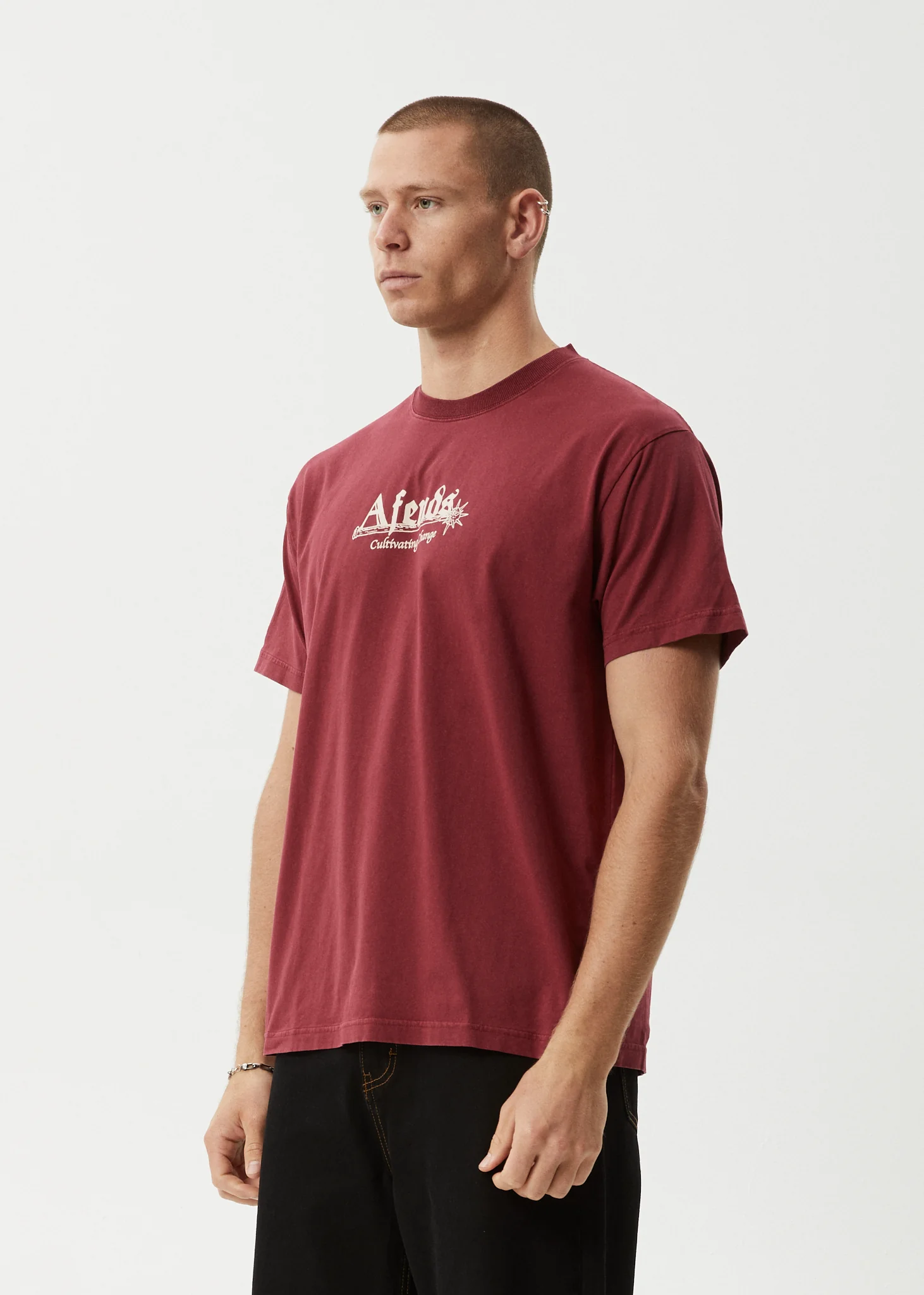 AFENDS Mens Mace Life - Boxy Tee - Washed Burgundy - Image 3