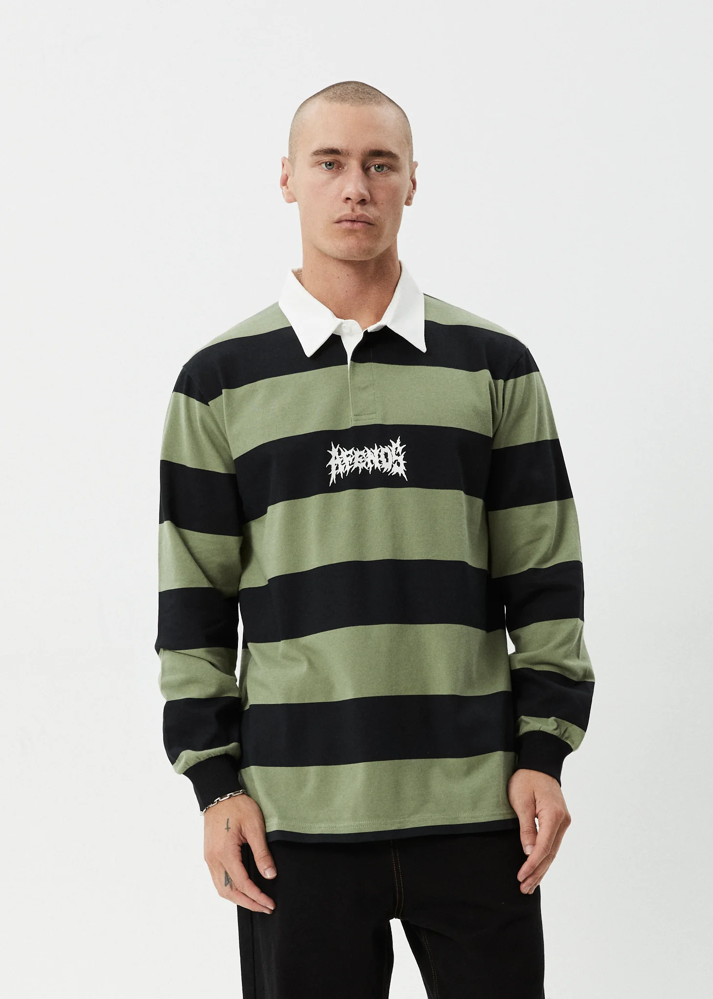 AFENDS Mens Mental - Rugby Long Sleeve Tee - Oil Green - Image 2