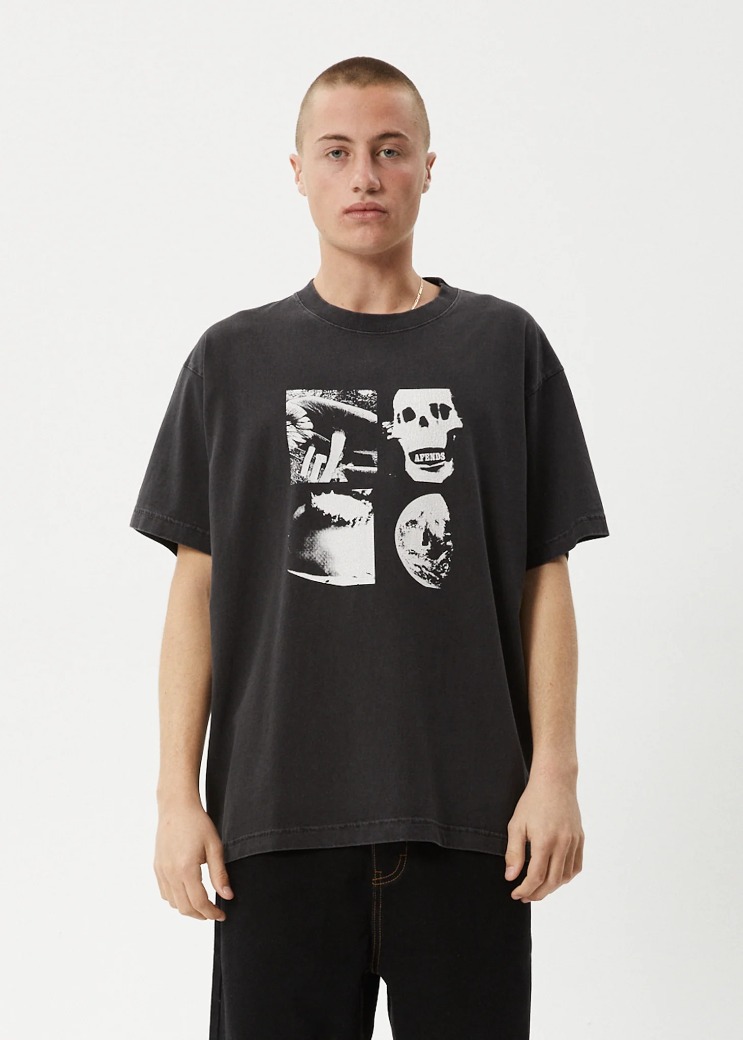 AFENDS Mens New And Clear - Heavyweight Boxy Tee - Stone Black - Image 3