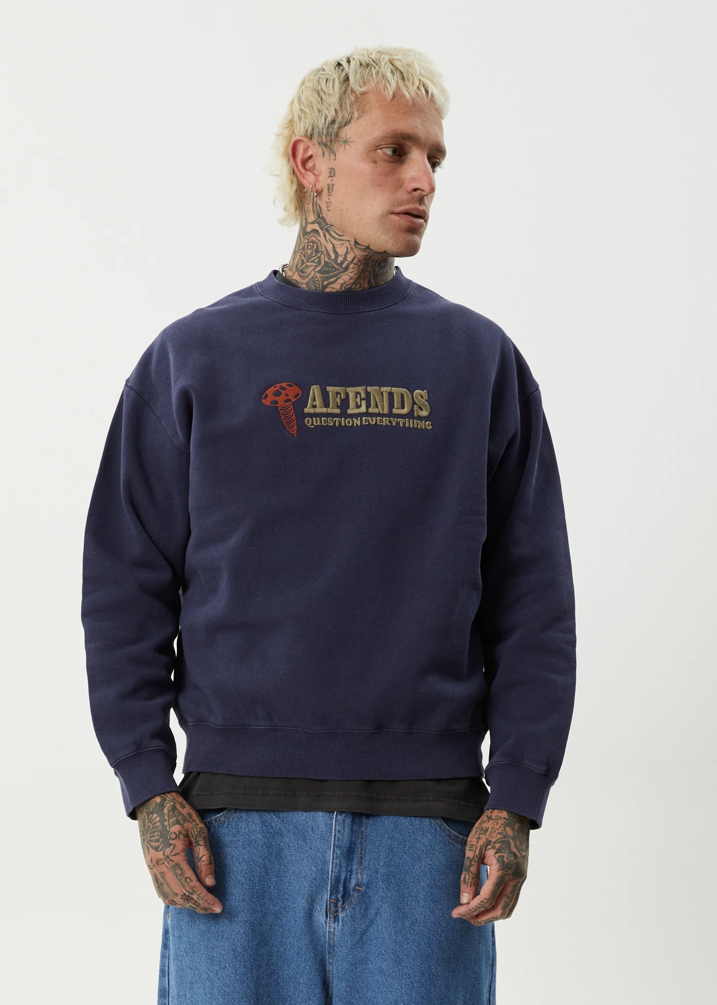 AFENDS Mens Nuts N Bolts - Crew Neck Jumper - Washed Deep Sea - Image 2