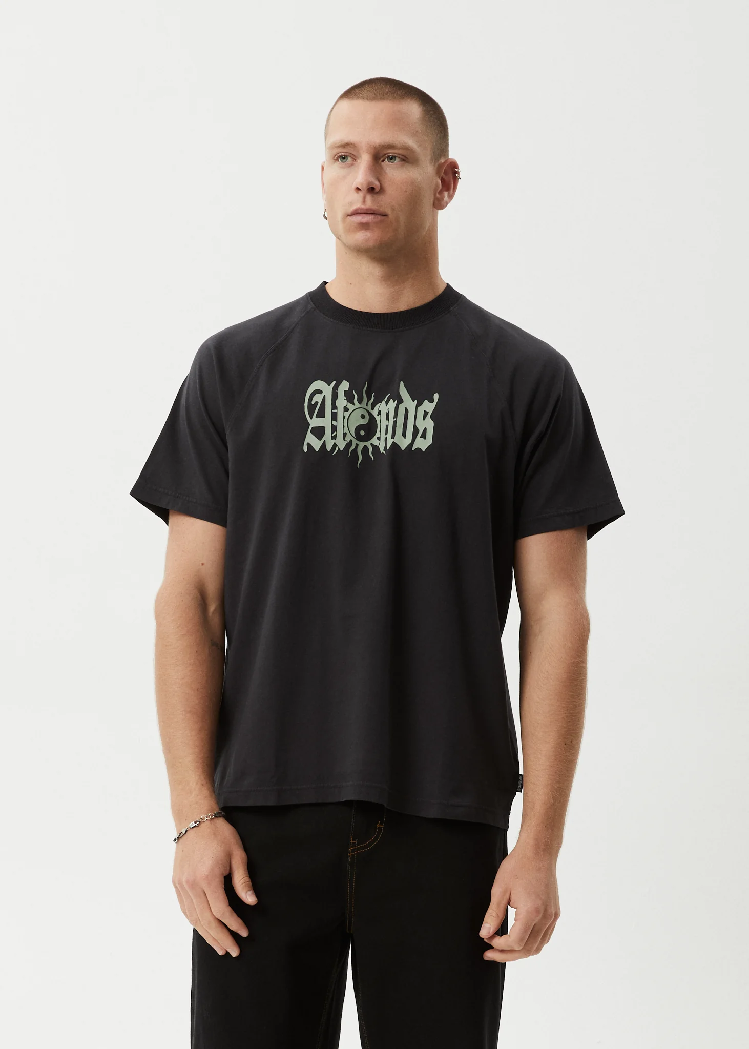 AFENDS Mens Sun Bite - Raglan Boxy Tee - Stone Black - Image 2