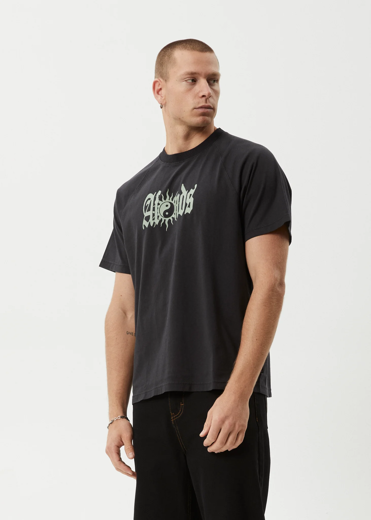 AFENDS Mens Sun Bite - Raglan Boxy Tee - Stone Black - Image 3