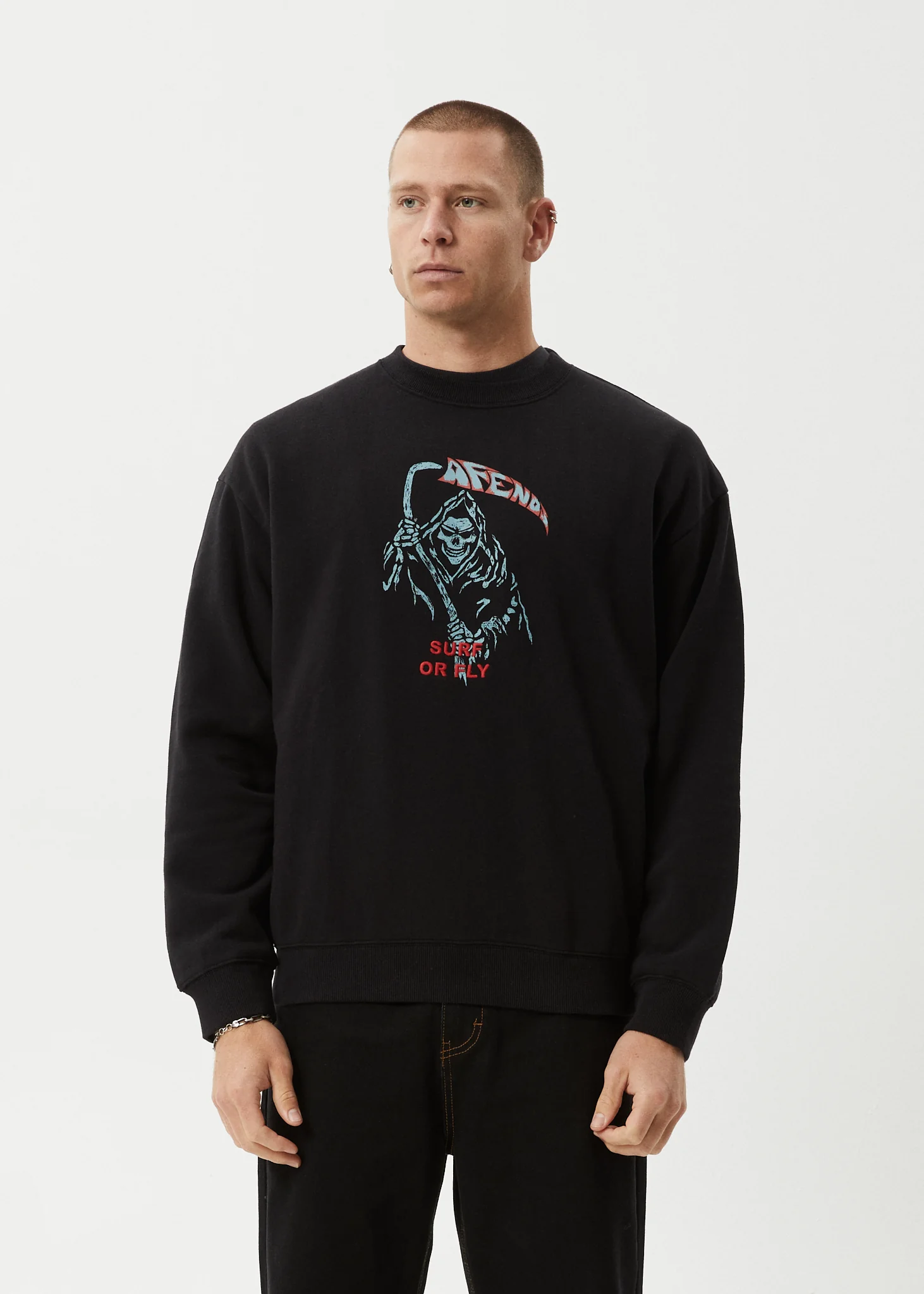 AFENDS Mens Surf Or Fly - Crew Neck Jumper - Black - Image 2
