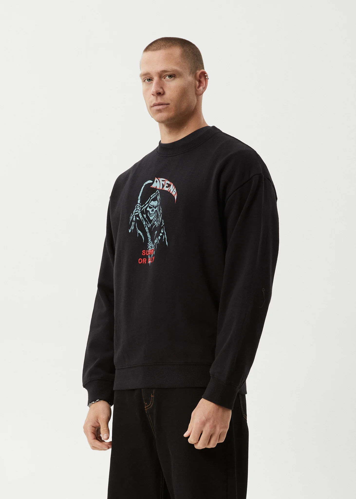 AFENDS Mens Surf Or Fly - Crew Neck Jumper - Black - Image 3