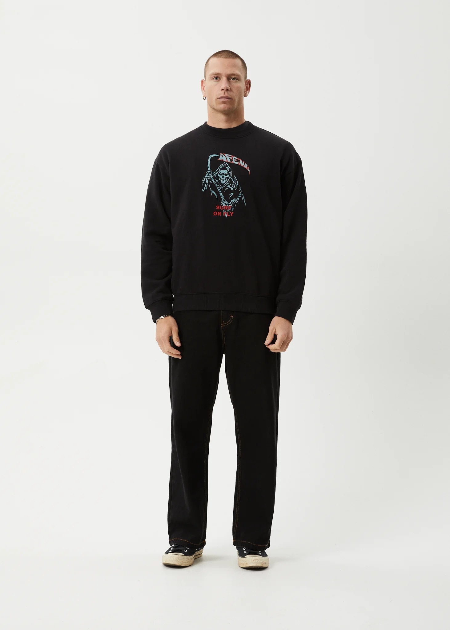 AFENDS Mens Surf Or Fly - Crew Neck Jumper - Black - Image 7