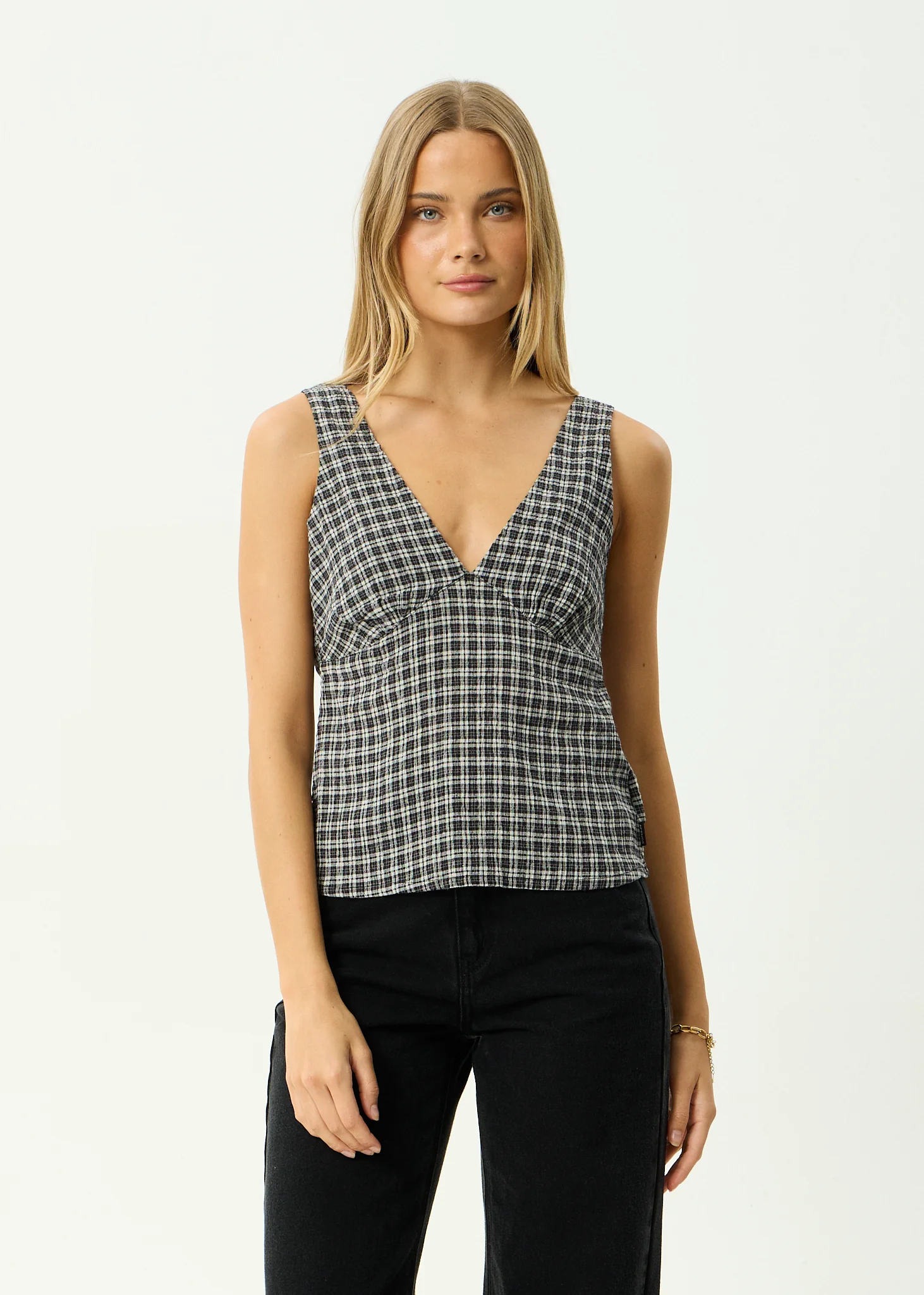 AFENDS Womens Giselle - Seersucker Top - Asta Steel Check