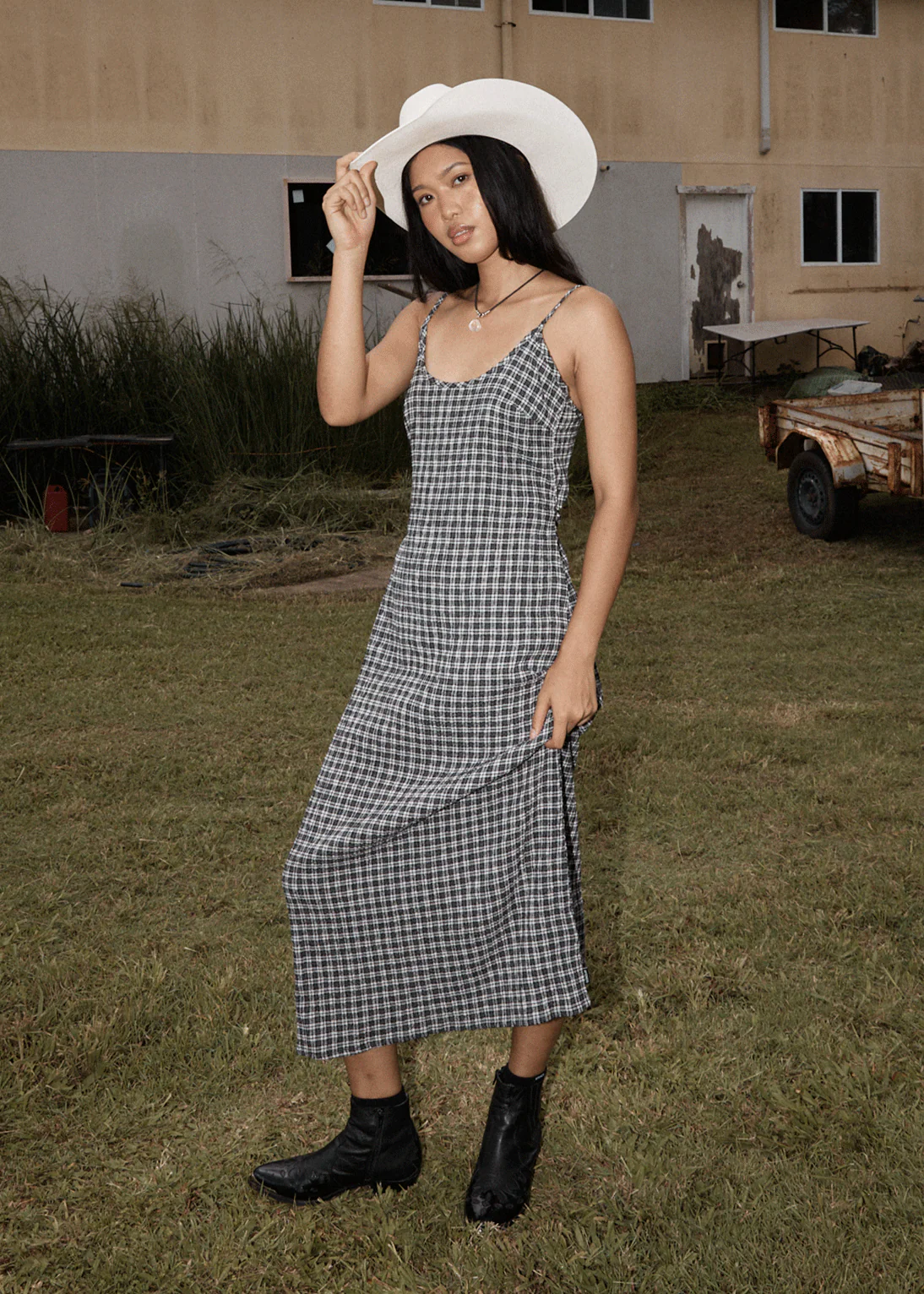 AFENDS Womens Rumi - Seersucker Midi Dress - Steel Check - Image 2