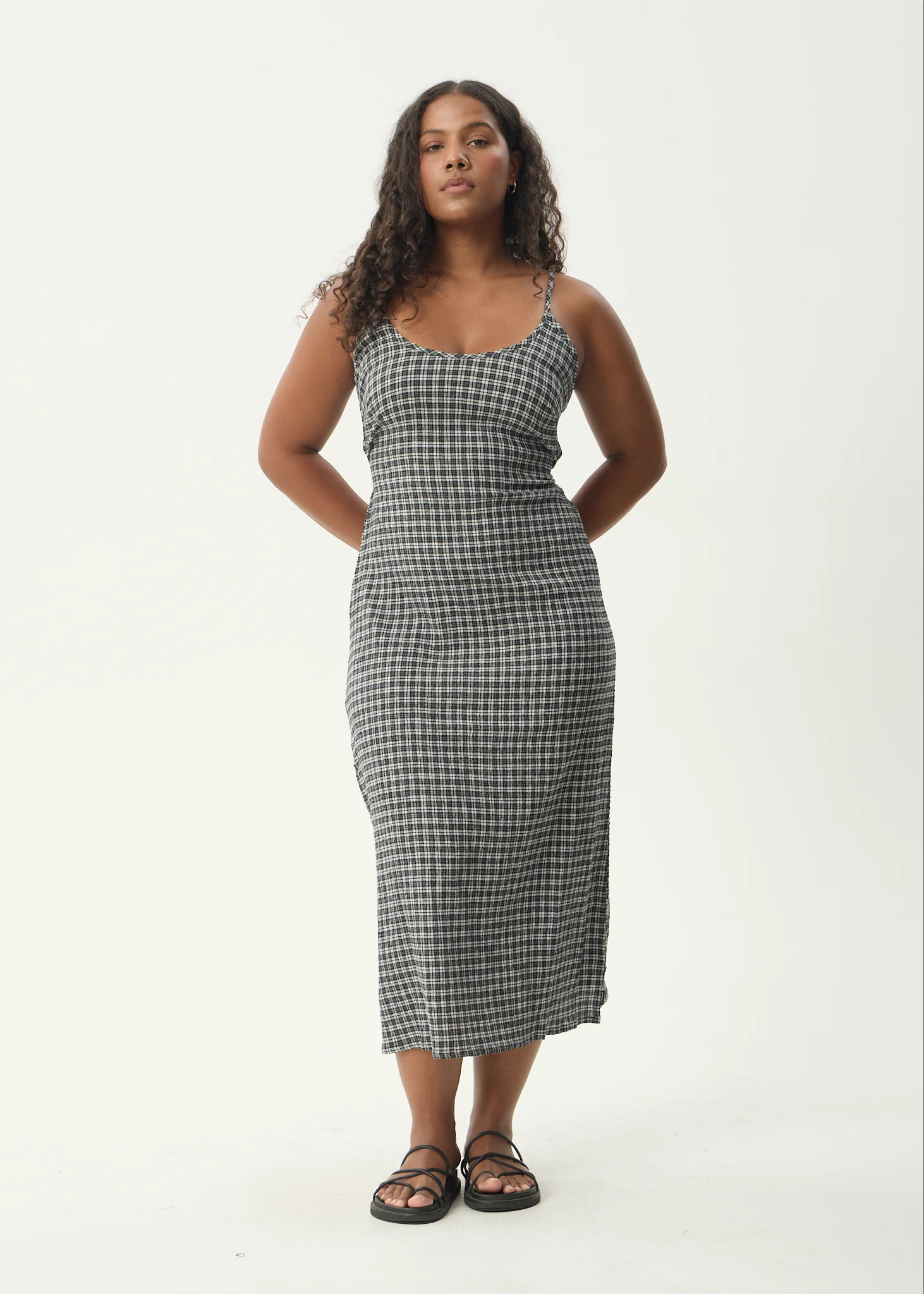 AFENDS Womens Rumi - Seersucker Midi Dress - Steel Check - Image 3
