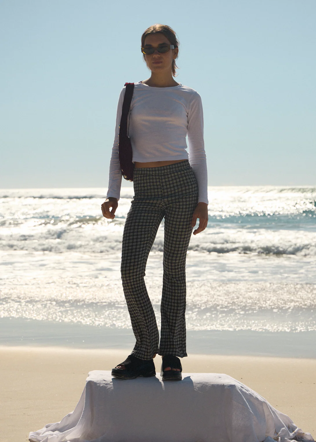 AFENDS Womens Asta - Seersucker Flare Pant - Steel Check - Image 2