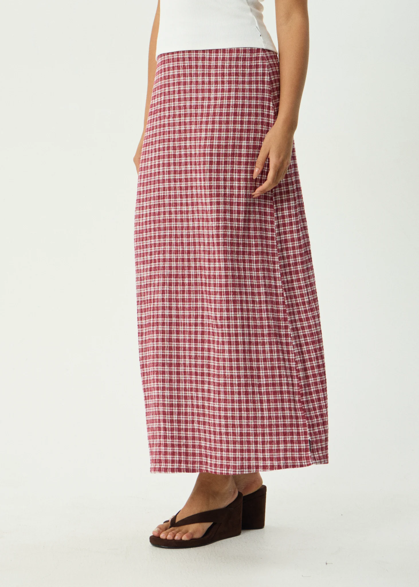 AFENDS Womens Lita - Seersucker Maxi Skirt - Base Burgundy Check - Image 4
