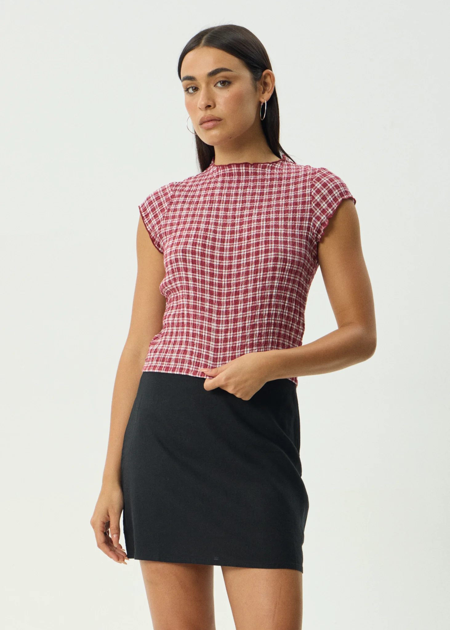 AFENDS Womens Wren - Seersucker Top - Burgundy Check - Image 2