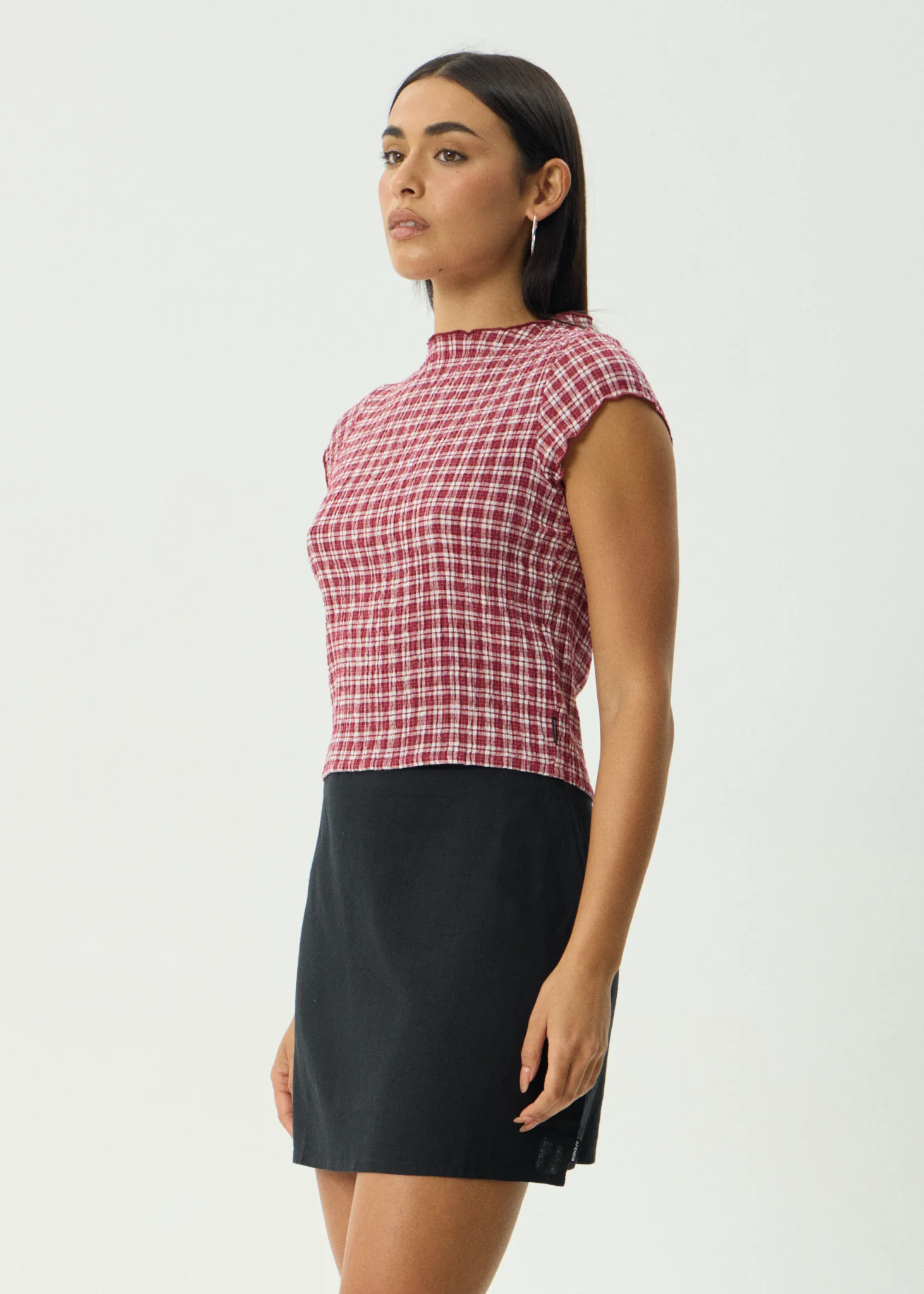 AFENDS Womens Wren - Seersucker Top - Burgundy Check - Image 3