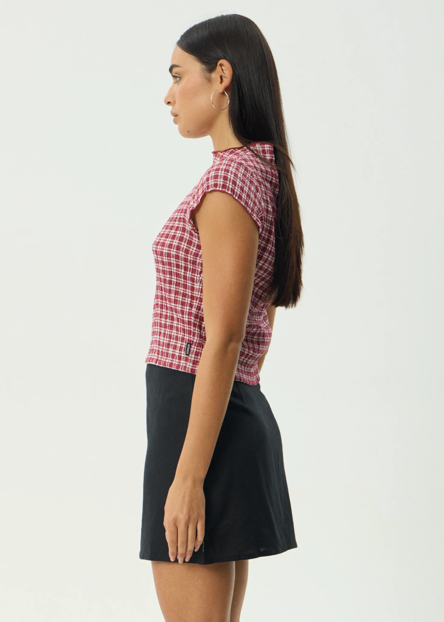 AFENDS Womens Wren - Seersucker Top - Burgundy Check - Image 4