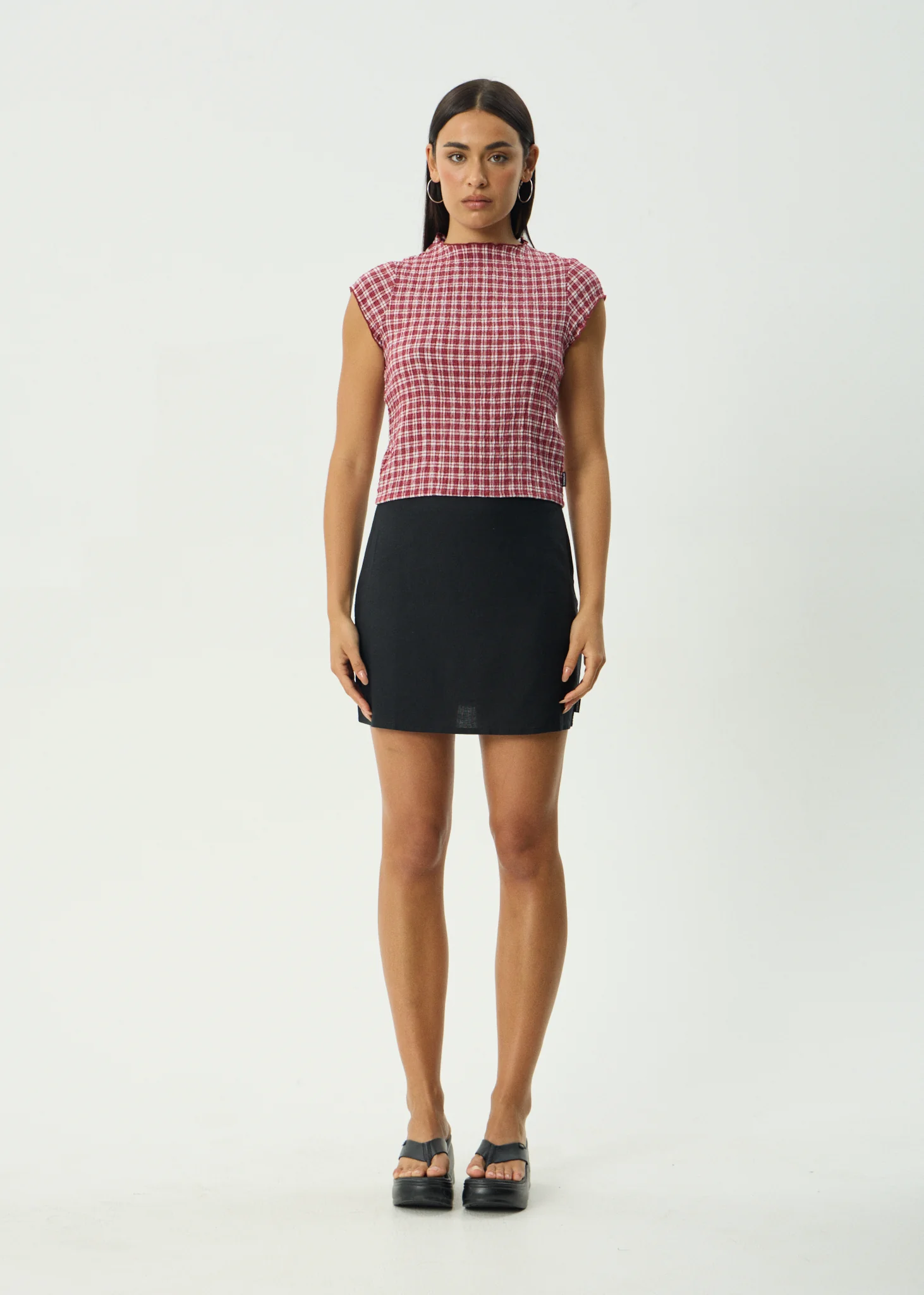 AFENDS Womens Wren - Seersucker Top - Burgundy Check - Image 6