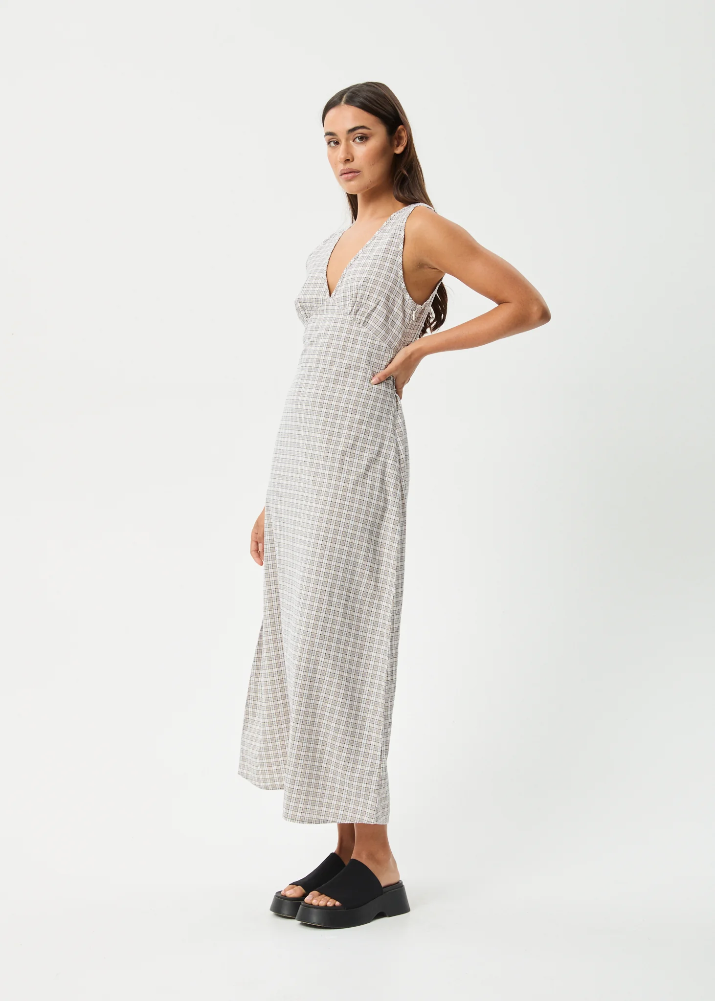 AFENDS Womens Tully - Seersucker Maxi Dress - Taupe Check - Image 3