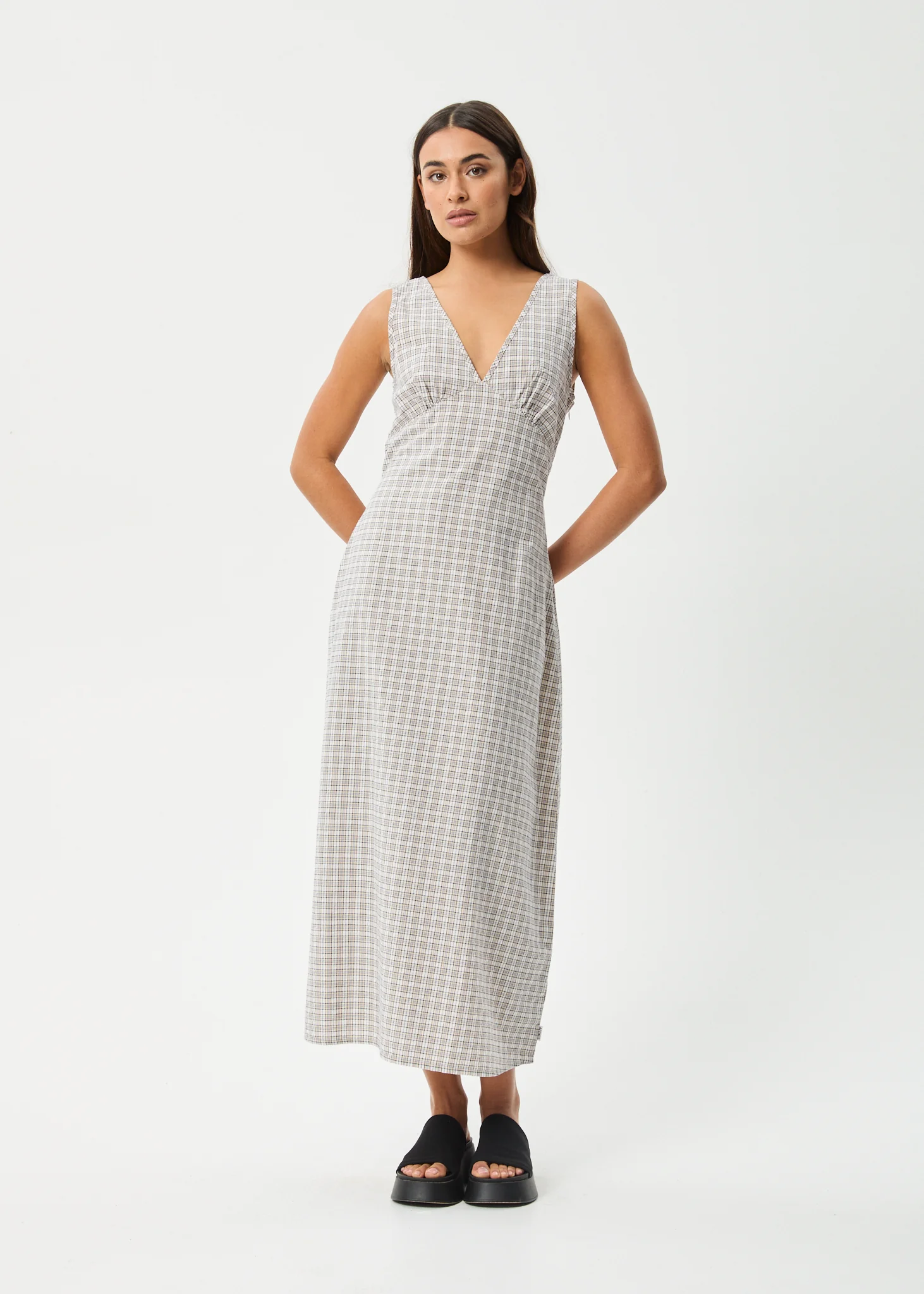 AFENDS Womens Tully - Seersucker Maxi Dress - Taupe Check - Image 9
