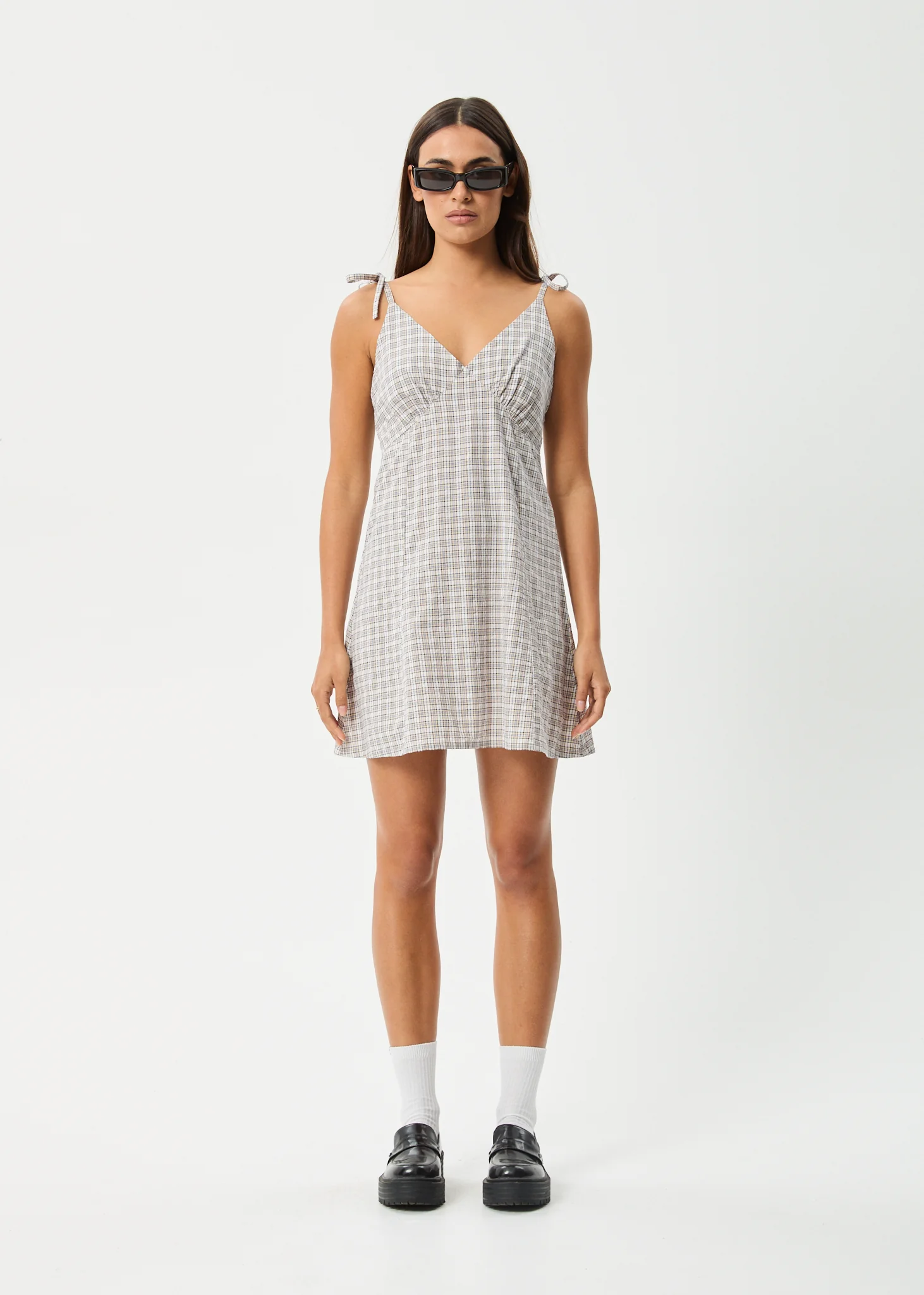 AFENDS Womens Drew - Seersucker Mini Dress - Taupe Check - Image 2