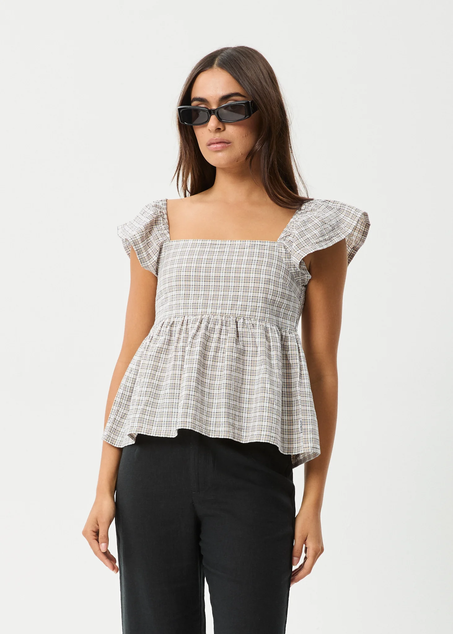 AFENDS Womens Drew - Seersucker Top - Taupe Check - Image 2