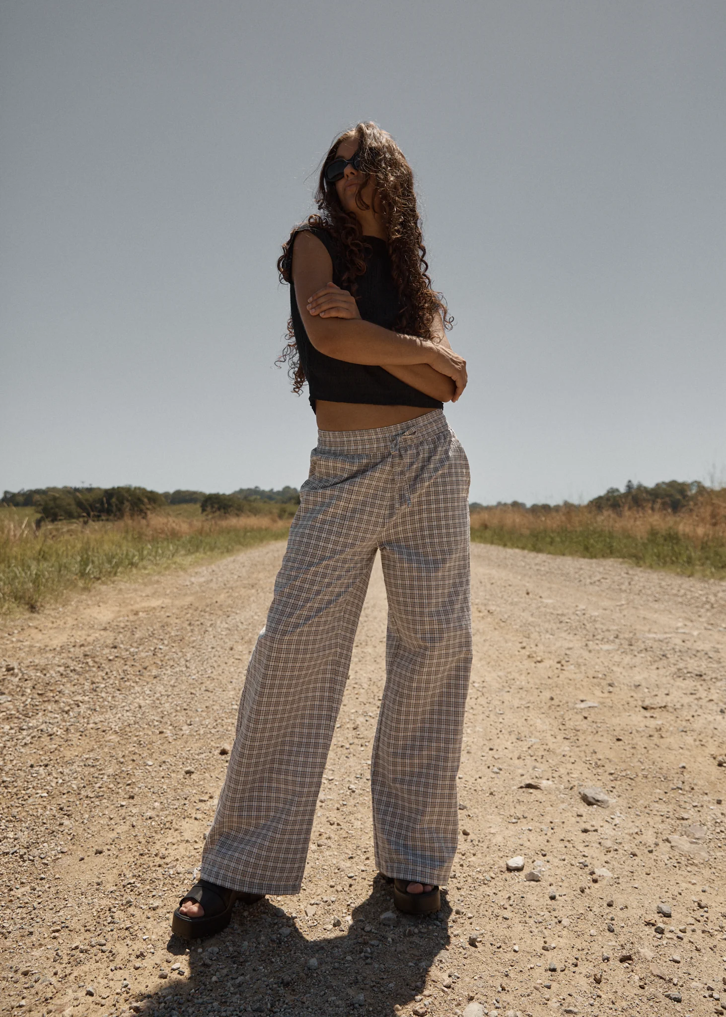 AFENDS Womens Drew - Seersucker Wide Leg Pant - Taupe Check - Image 2