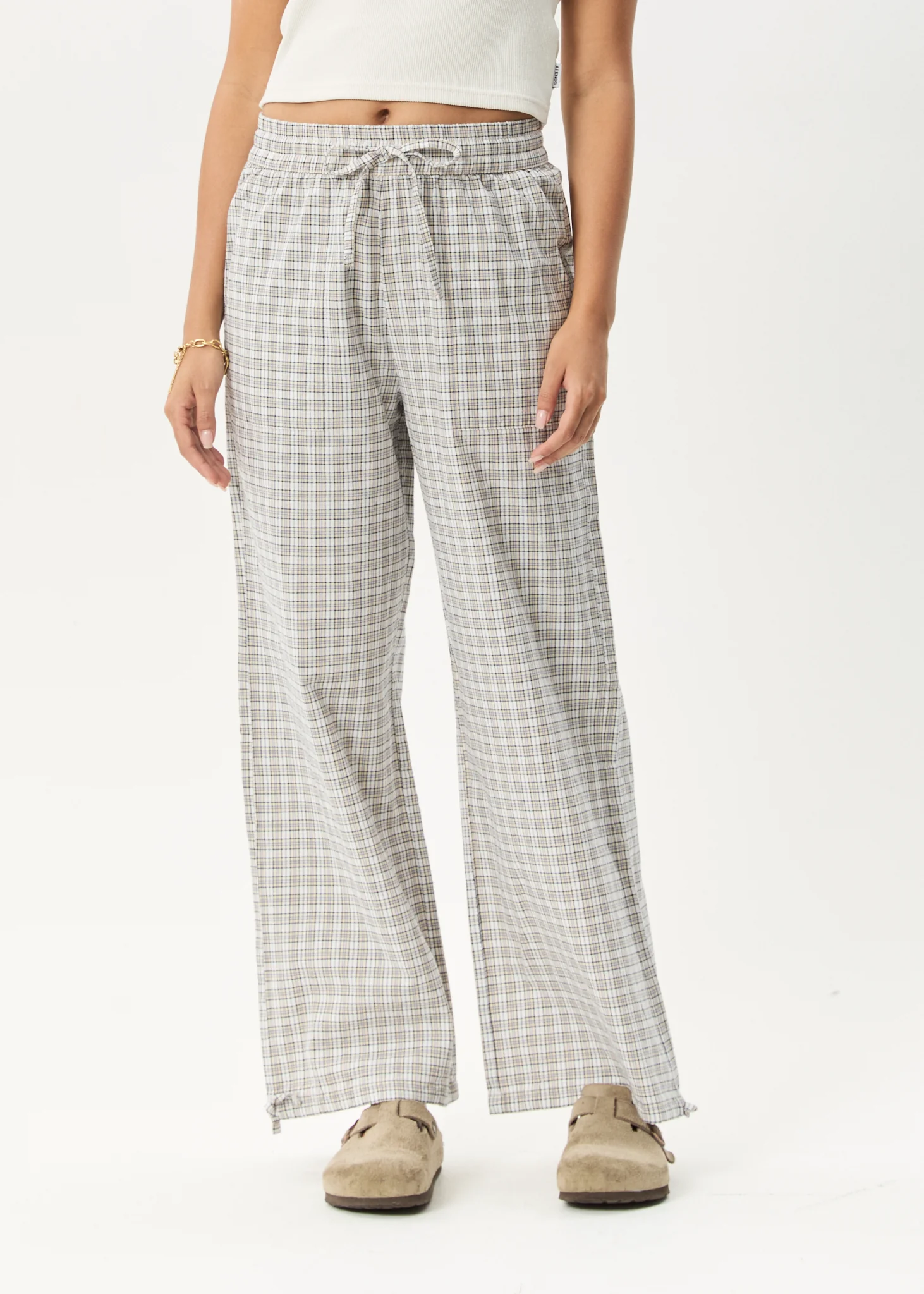 AFENDS Womens Drew - Seersucker Wide Leg Pant - Taupe Check - Image 3