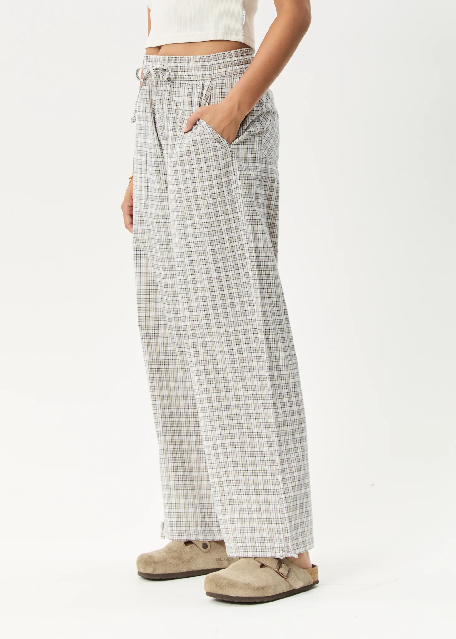 AFENDS Womens Drew - Seersucker Wide Leg Pant - Taupe Check - Image 4