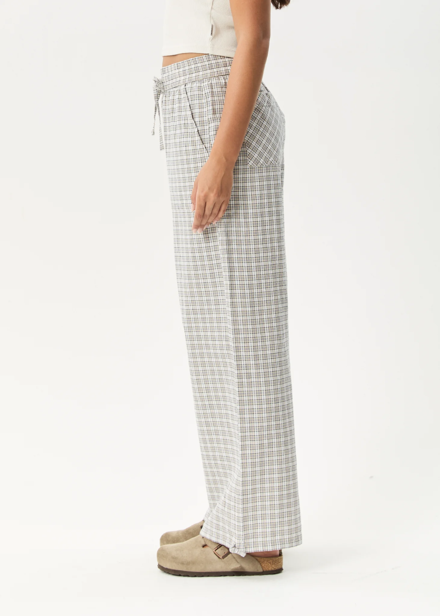 AFENDS Womens Drew - Seersucker Wide Leg Pant - Taupe Check - Image 5