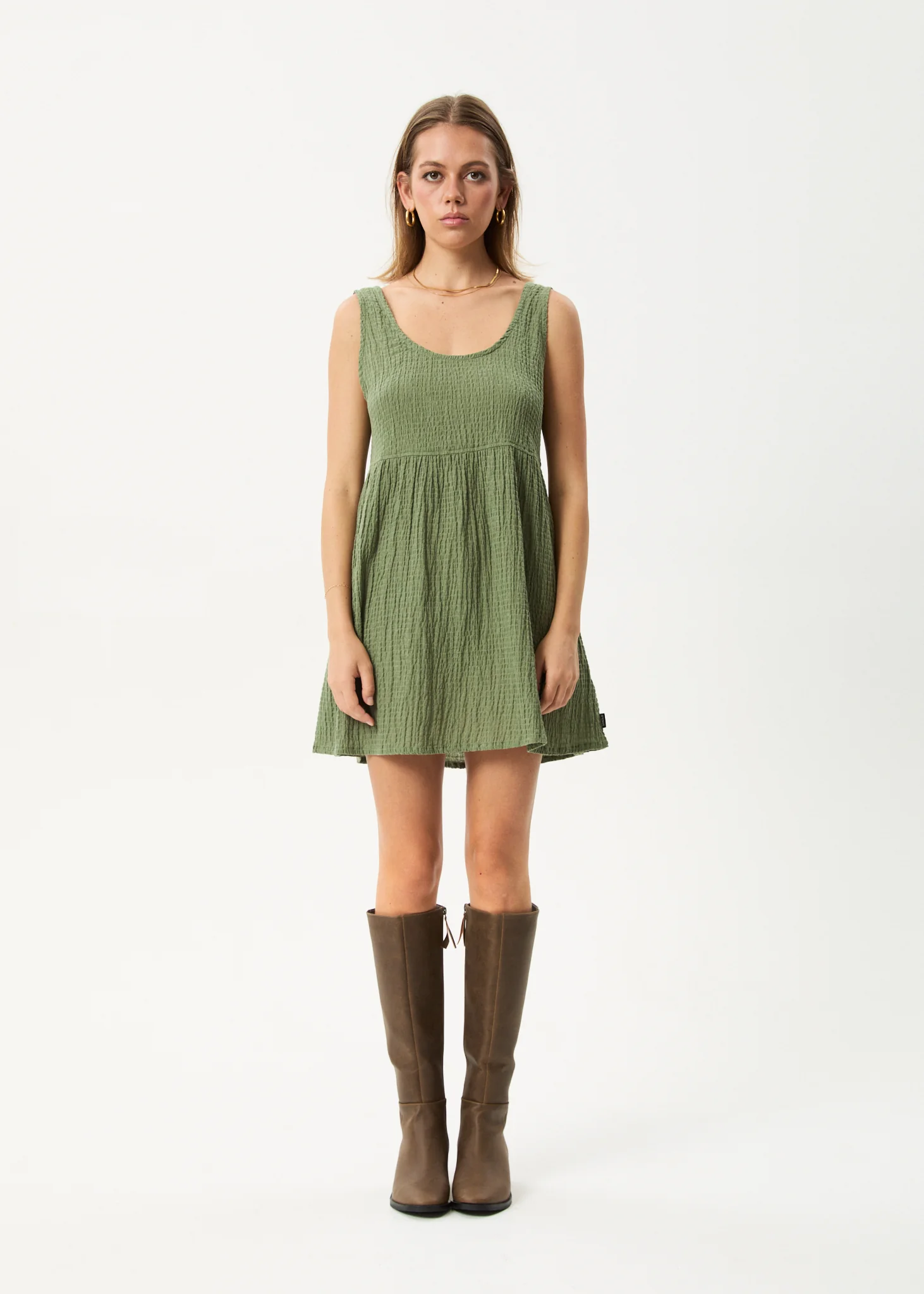 AFENDS Womens Focus Jesse - Seersucker Mini Dress - Oil Green - Image 8