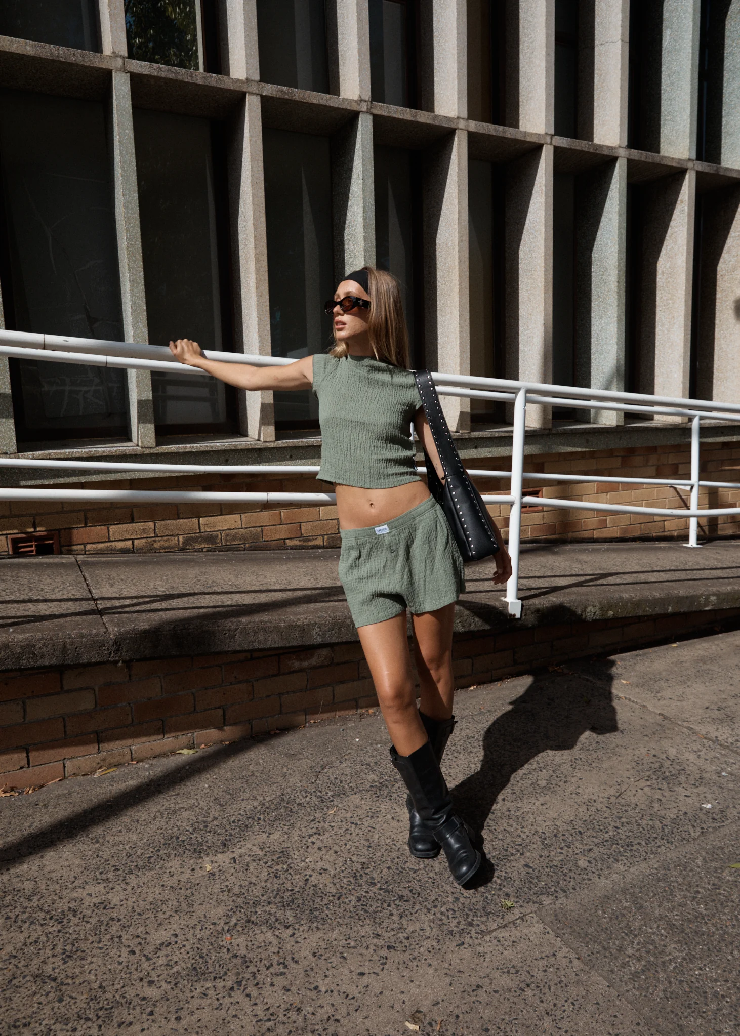 AFENDS Womens Focus - Seersucker Boxer Short - Oil Green - Image 7