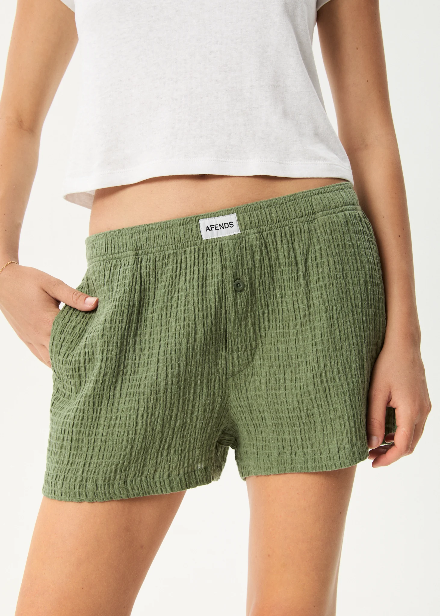 AFENDS Womens Focus - Seersucker Boxer Short - Oil Green - Image 8