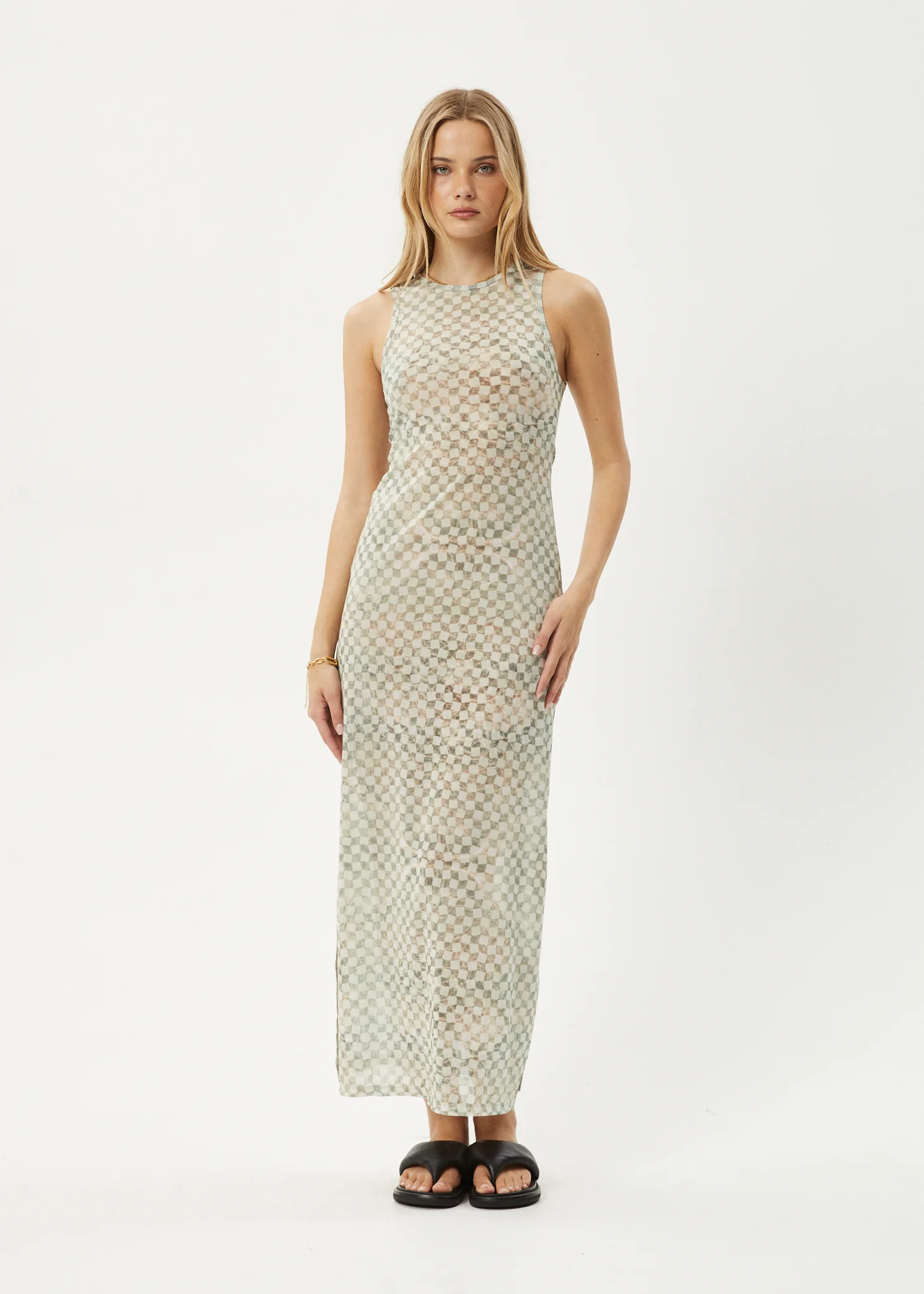 AFENDS Womens Glasshouse - Sheer Maxi Dress - Sand Checker - Image 2