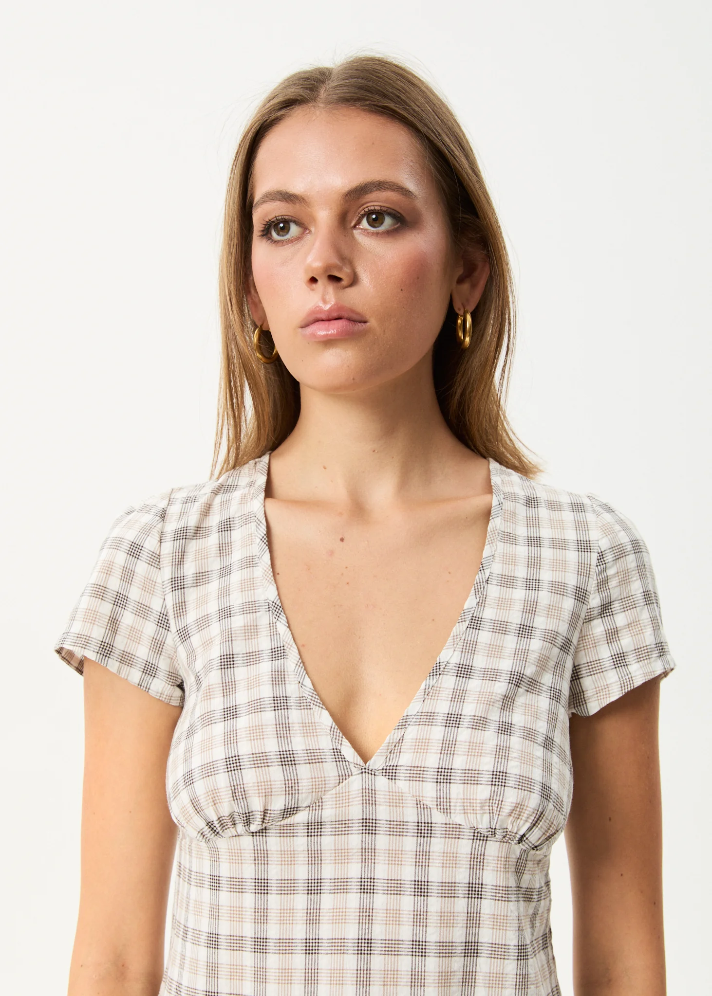 AFENDS Womens Leo - Seersucker Mini Dress - Coffee / White - Image 7