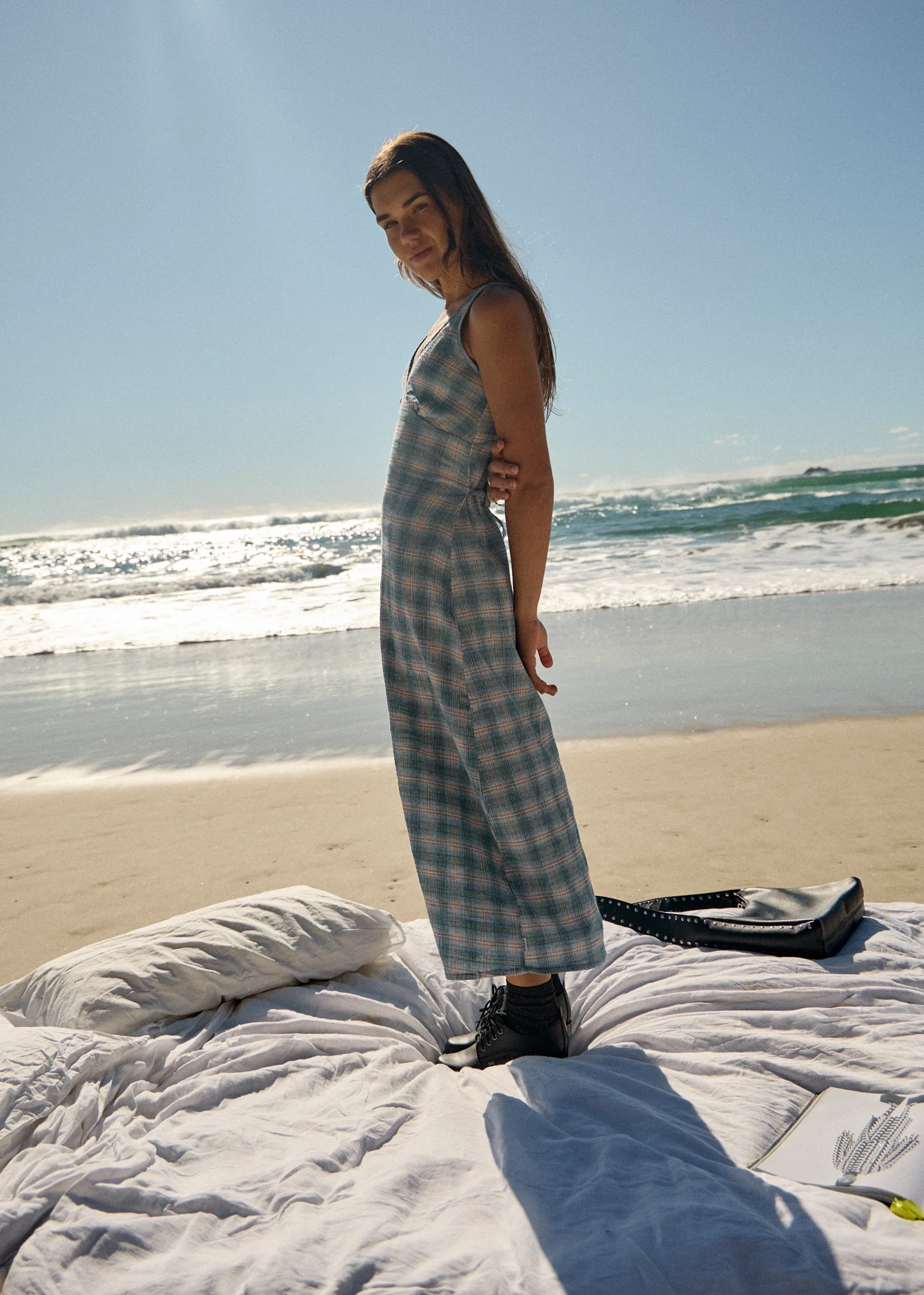 AFENDS Womens Tully - Seersucker Maxi Dress - Position Lake Check - Image 10