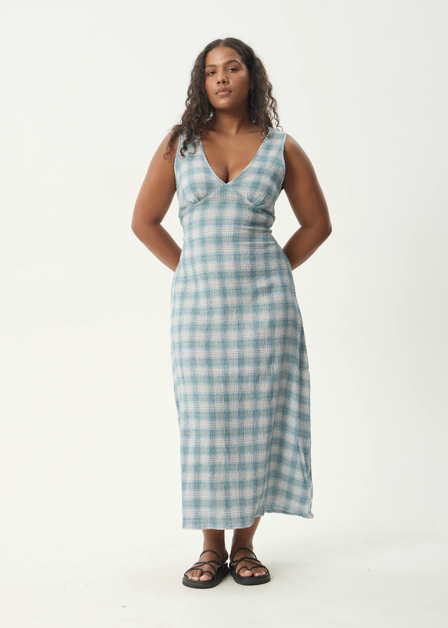AFENDS Womens Tully - Seersucker Maxi Dress - Position Lake Check - Image 13