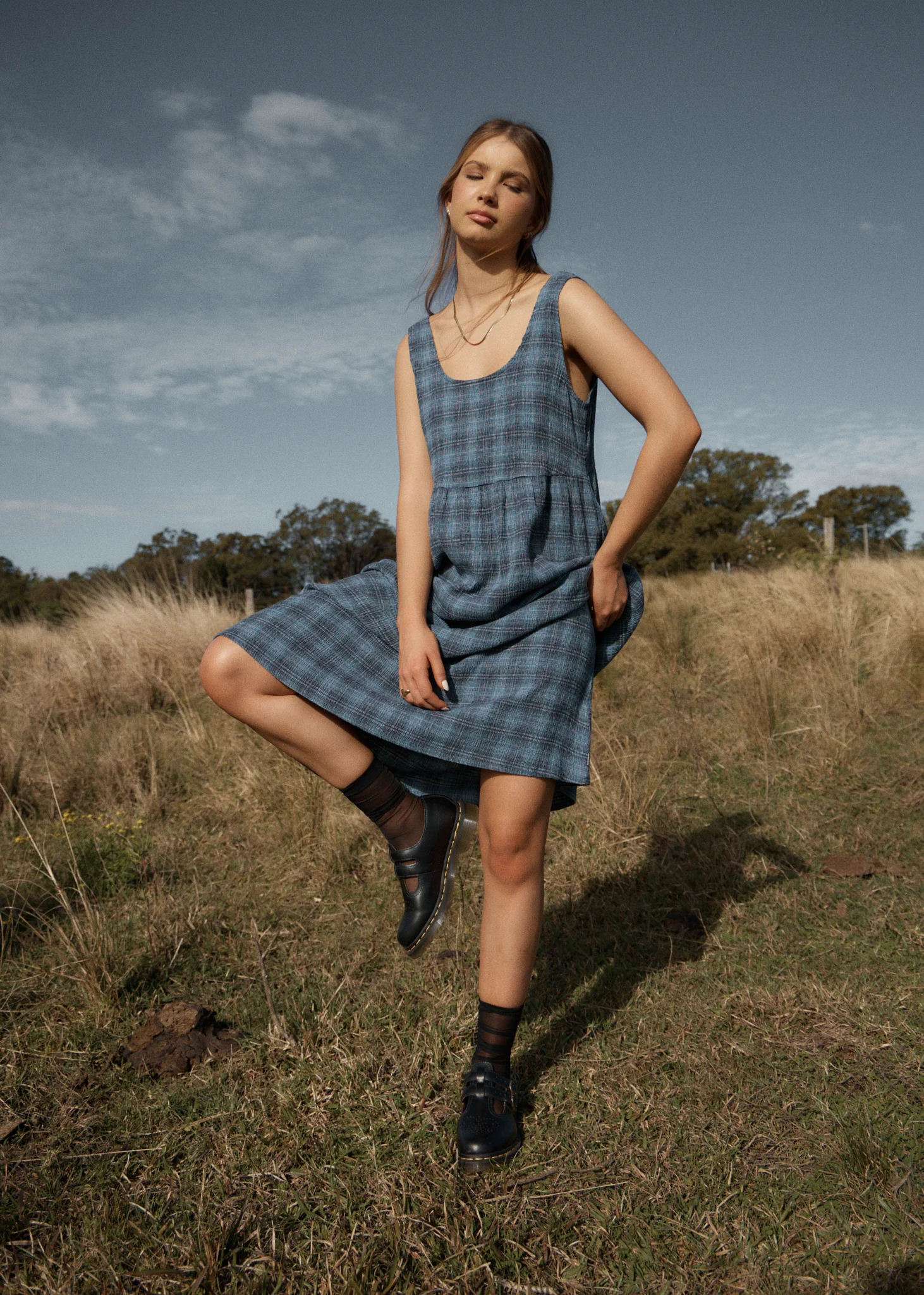 AFENDS Womens Position - Seersucker Midi Dress - Navy Check - Image 2
