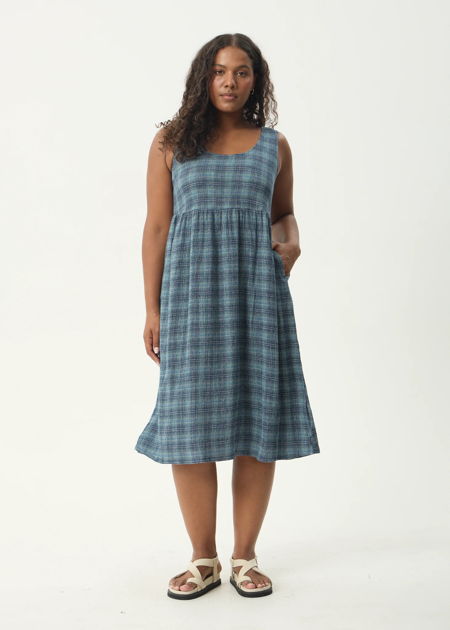 AFENDS Womens Position - Seersucker Midi Dress - Navy Check - Image 3